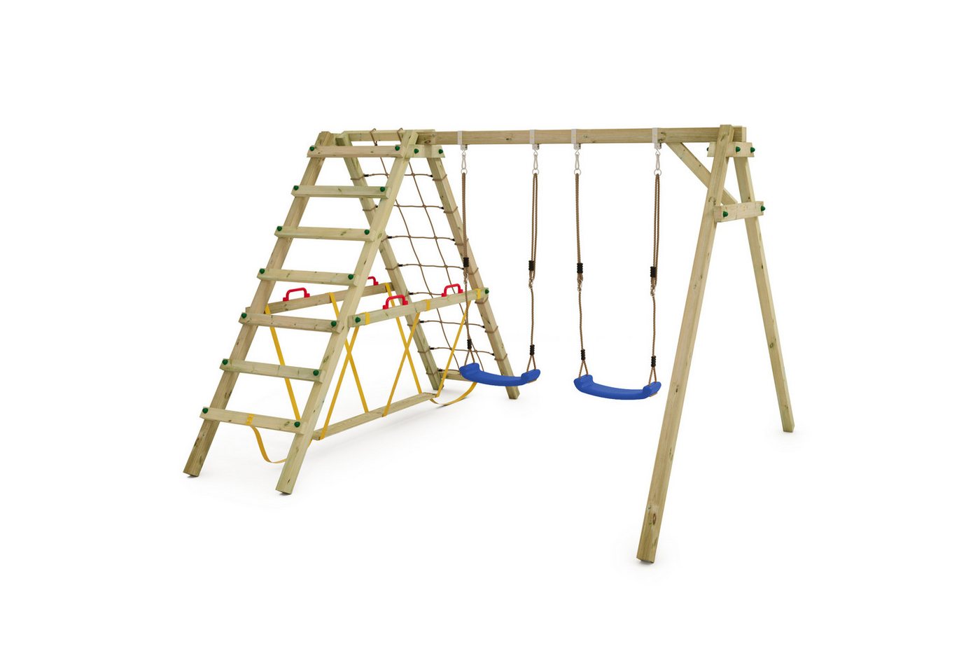 Wickey Doppelschaukel Smart Hike – Schaukel-Kletter-Kombi mit 10 Jahren Garantie*, (Kinderschaukel - Kreativer Spielspaß mit Klettern & Schaukeln kombiniert, Gartenschaukel mit zwei Sitzen & Kletteranbau), Robuste Holzschaukel mit Kletterelement und Schwe