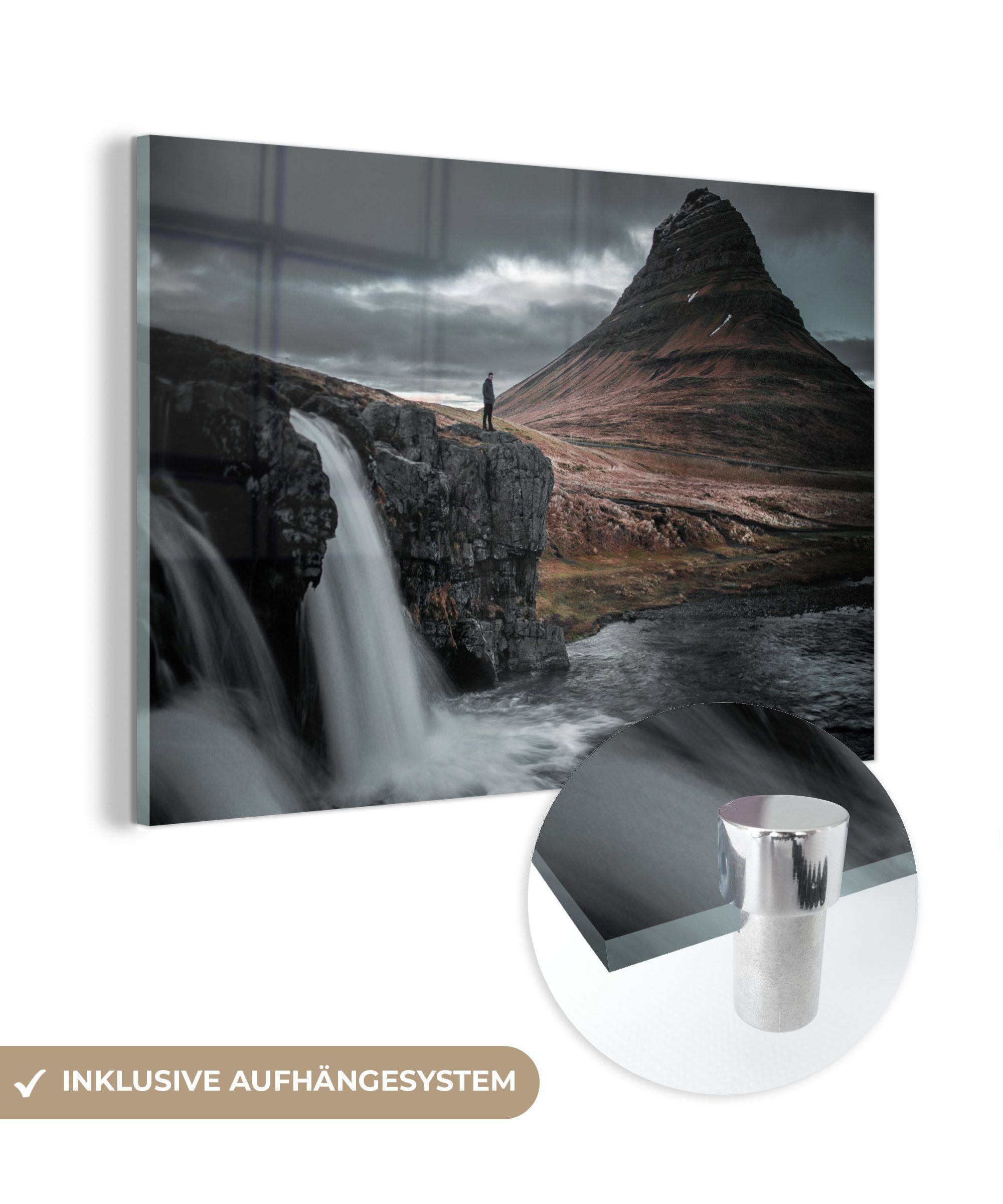 MuchoWow Acrylglasbild Island - Wasserfall - Berg, (1 St), Acrylglasbilder Wohnzimmer & Schlafzimmer