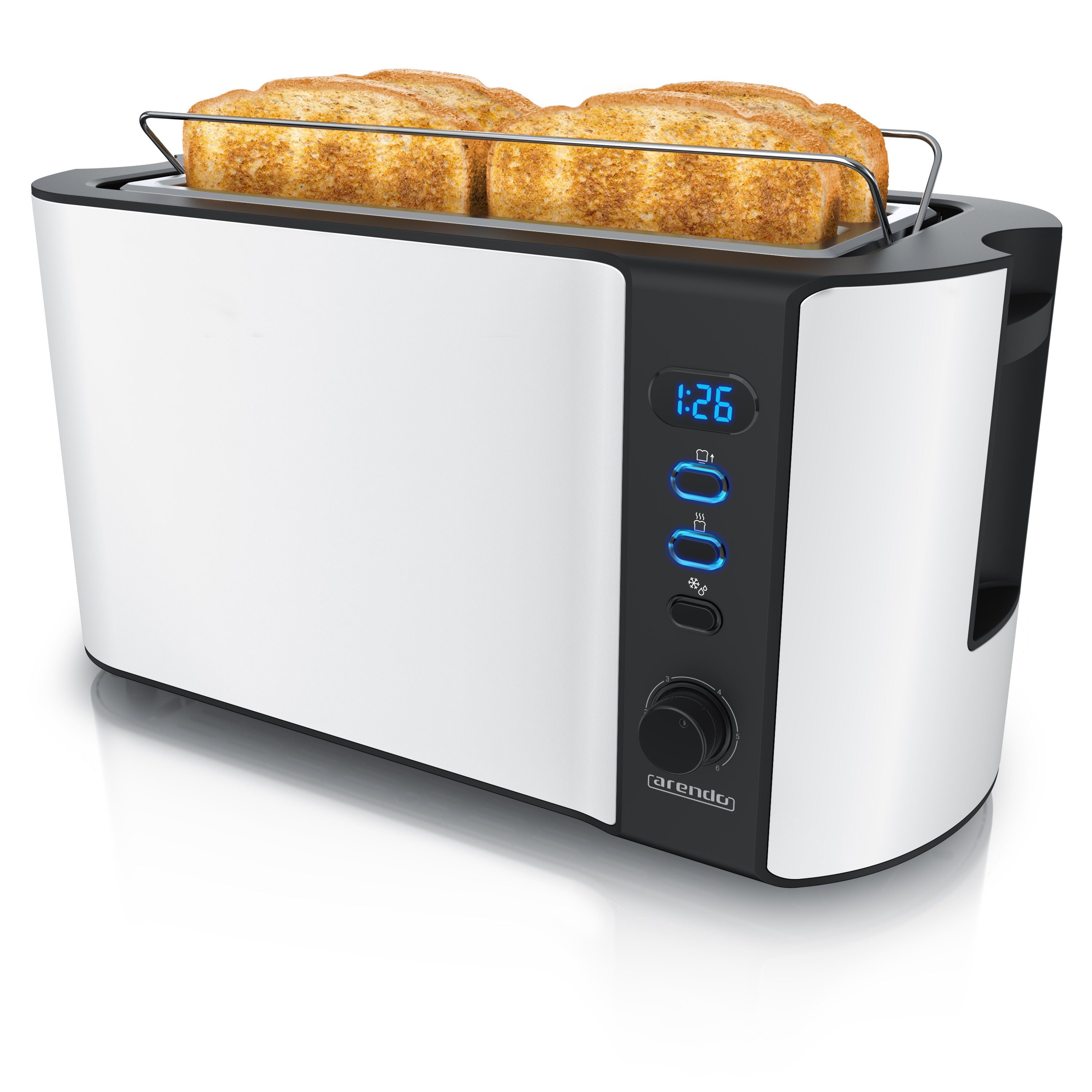 Arendo Toaster, 2 lange Schlitze, für 4 Scheiben, 1500 W, Langschlitz, Brötchenaufsatz, Wärmeisolierendes Gehäuse, Display weiß matt