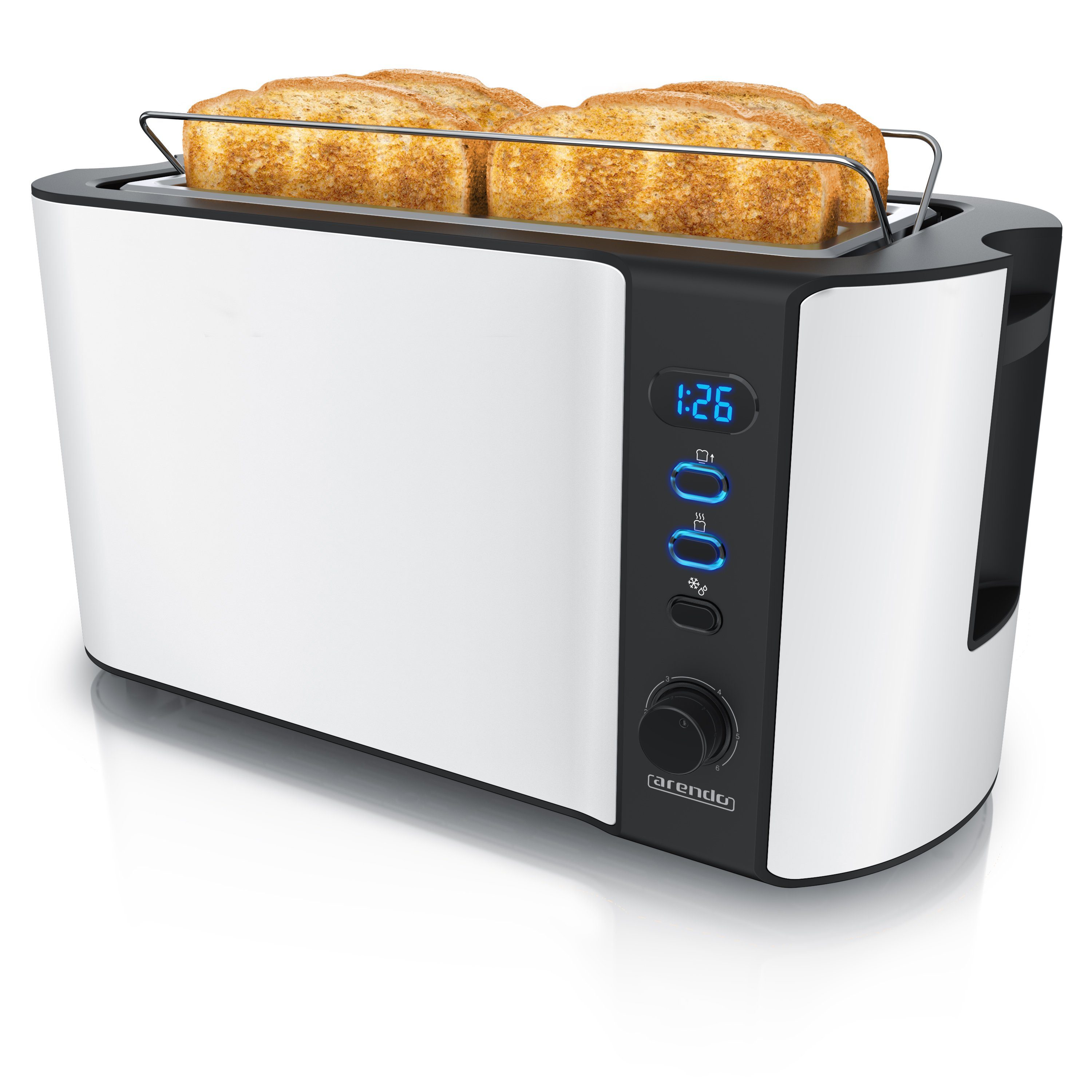 Arendo Toaster Edelstahl, Langschlitz, Display mit Restzeitanzeige, Krümelschublade, 2 lange Schlitze, für 4 Scheiben, 1500 W, Defrost Funktion, Wärmeisolierendes Gehäuse, mit Brötchenaufsatz