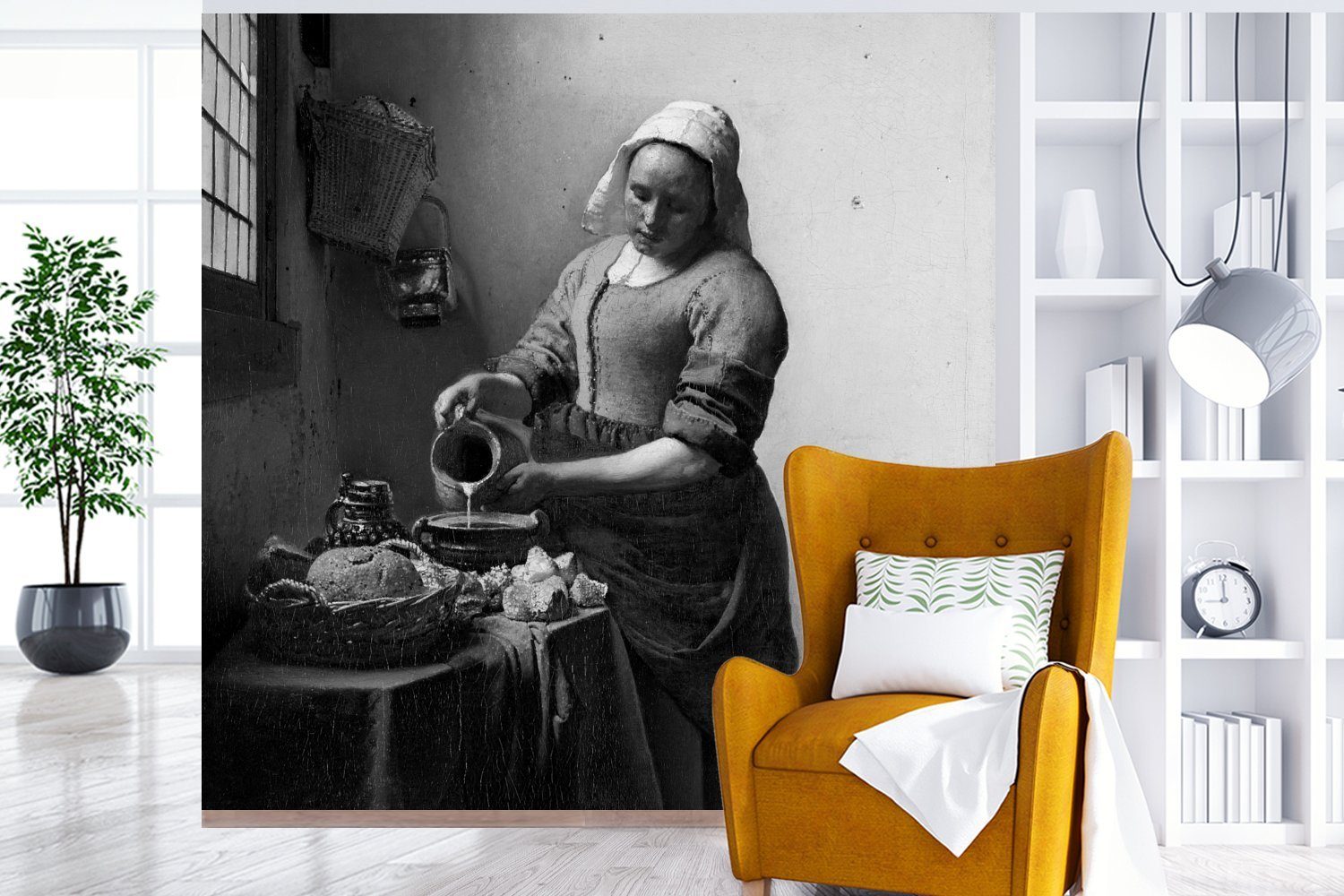 MuchoWow Fototapete Das Milchmädchen - Gemälde von Johannes Vermeer - schwarz und weiß, Matt, bedruckt, Vinyl Tapete für Wohnzimmer oder Schlafzimmer, Wandtapete, 260x260 cm
