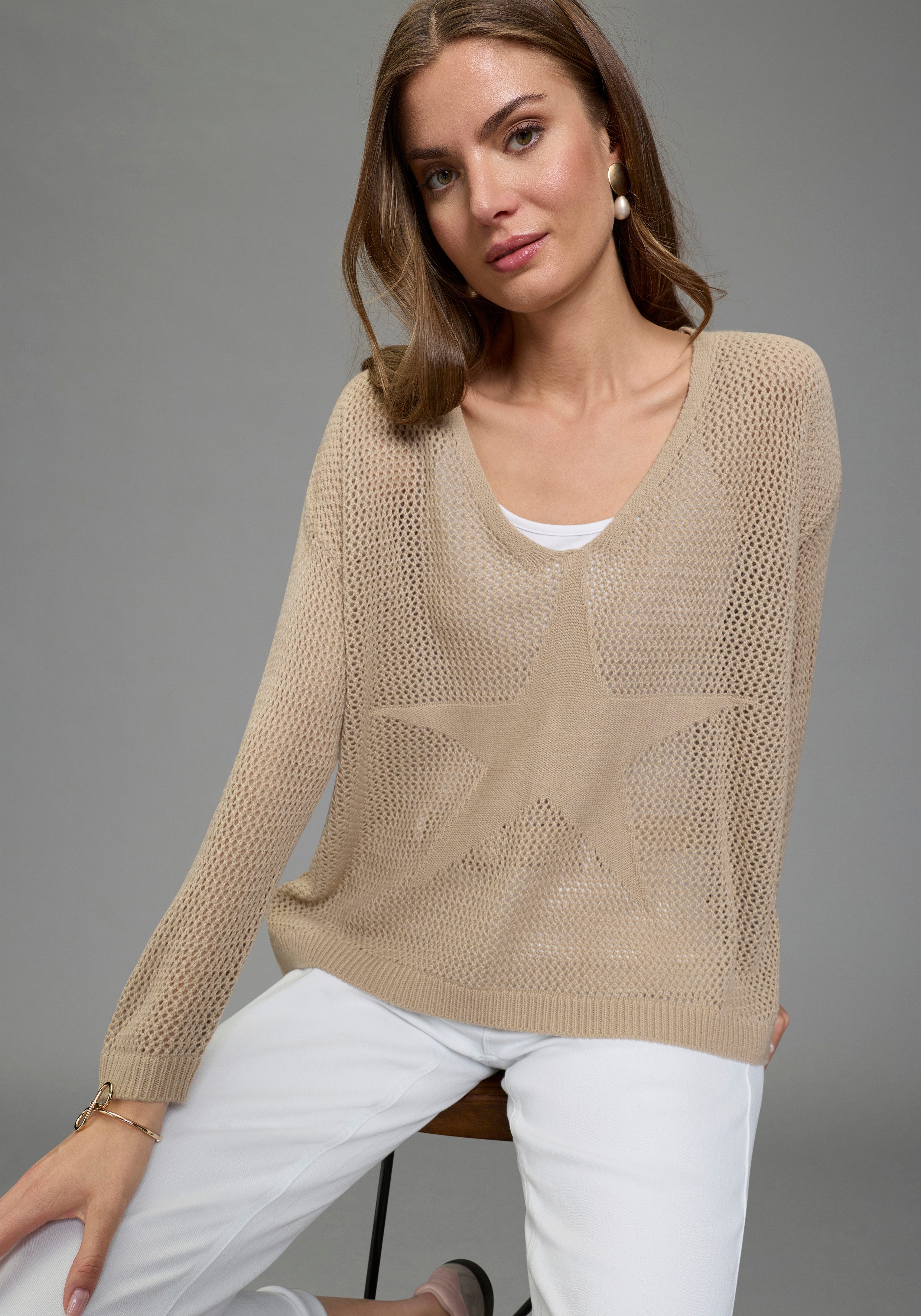 Laura Scott Strickpullover mit modernem Lochmuster und Sternmuster günstig online kaufen