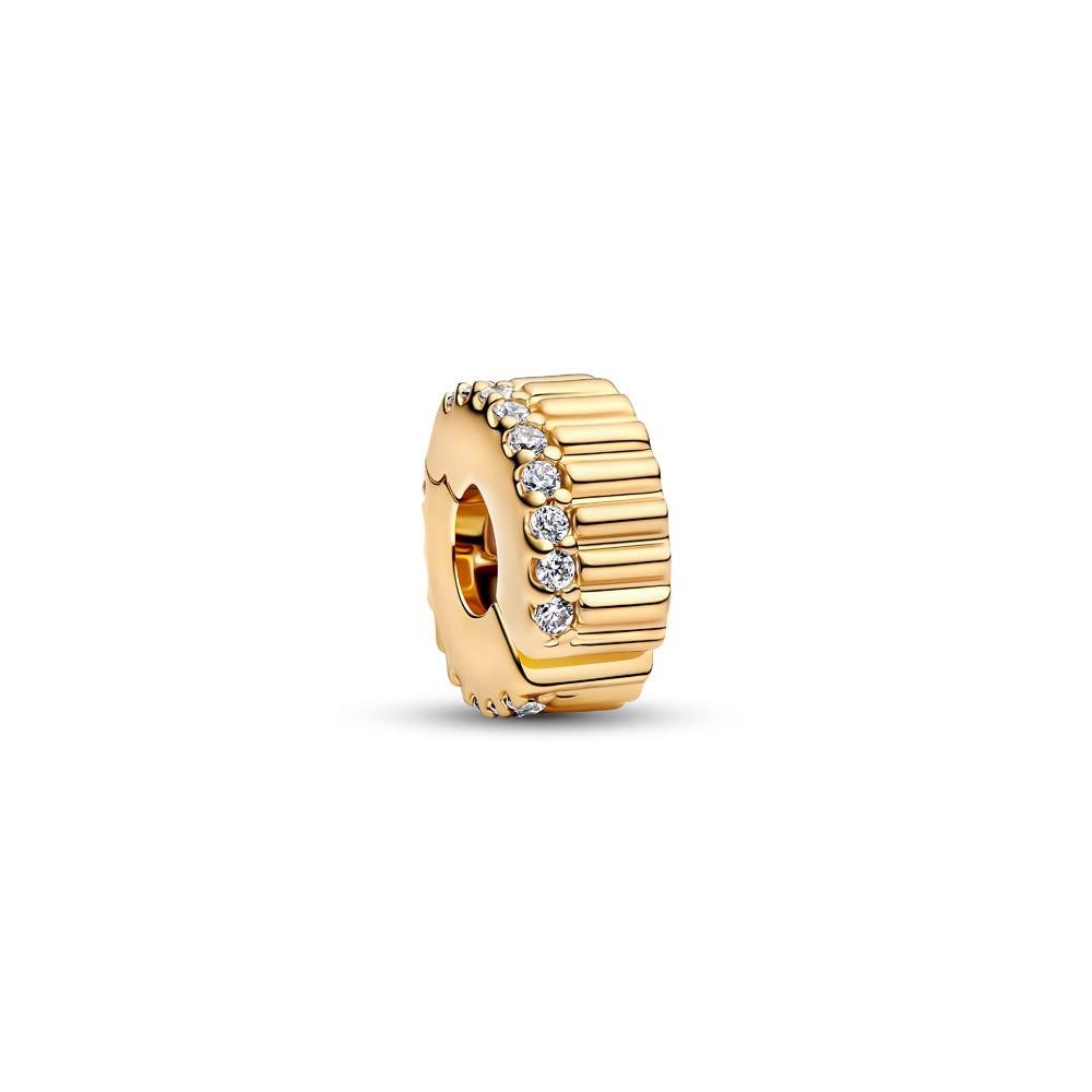 Pandora Charm-Einhänger PANDORA Gerippter Stopper-Charm mit Zirkonia, IP Gold