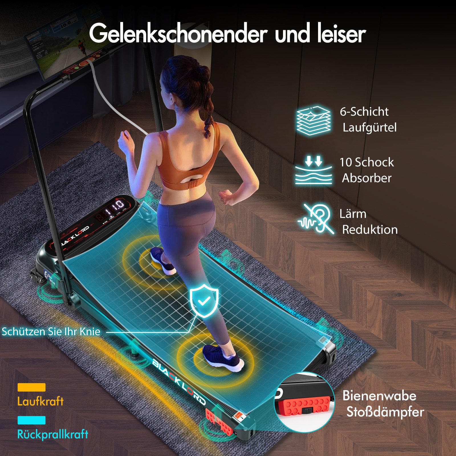 BLACK LORD Laufband 3,0PS Motor, 12 km/h, mit Steigung, Bluetooth App Steuerung, 390mm, 3 Stufen Neigung, LED Display, Fernbedienung, Untertisch
