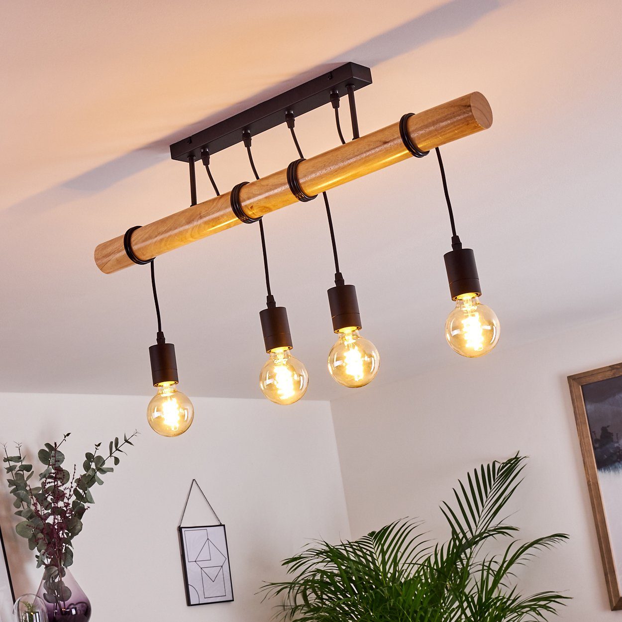 Deckenlampe in Holz, sind Vintage Leuchtmittel, Deckenleuchte hofstein aus E27, schwarz ohne Leuchtenköpfe und »Campo« Metall einstellbar