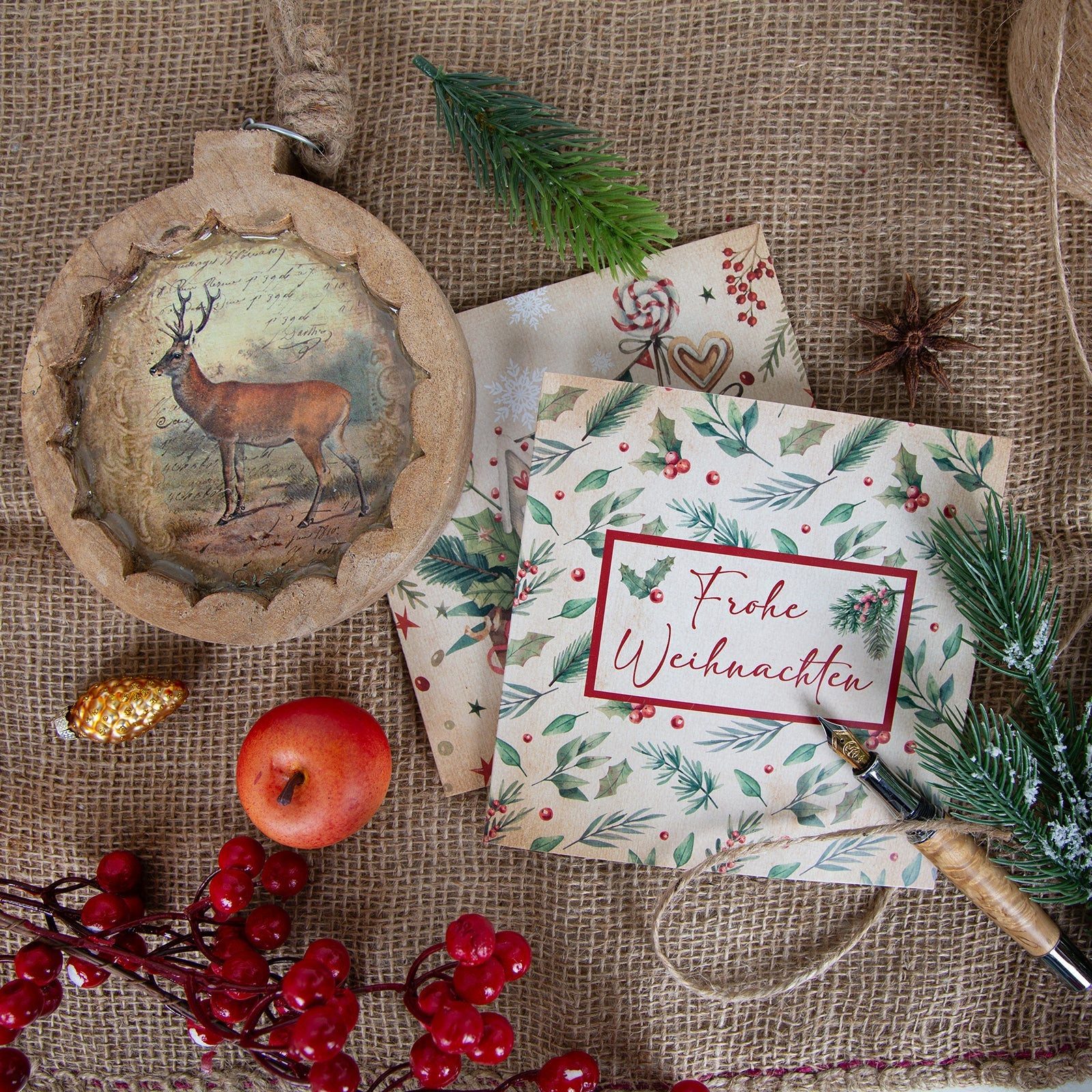 Logbuch-Verlag Dekofigur 4 Weihnachtskarten Set mit Kuvert braun beige vint günstig online kaufen