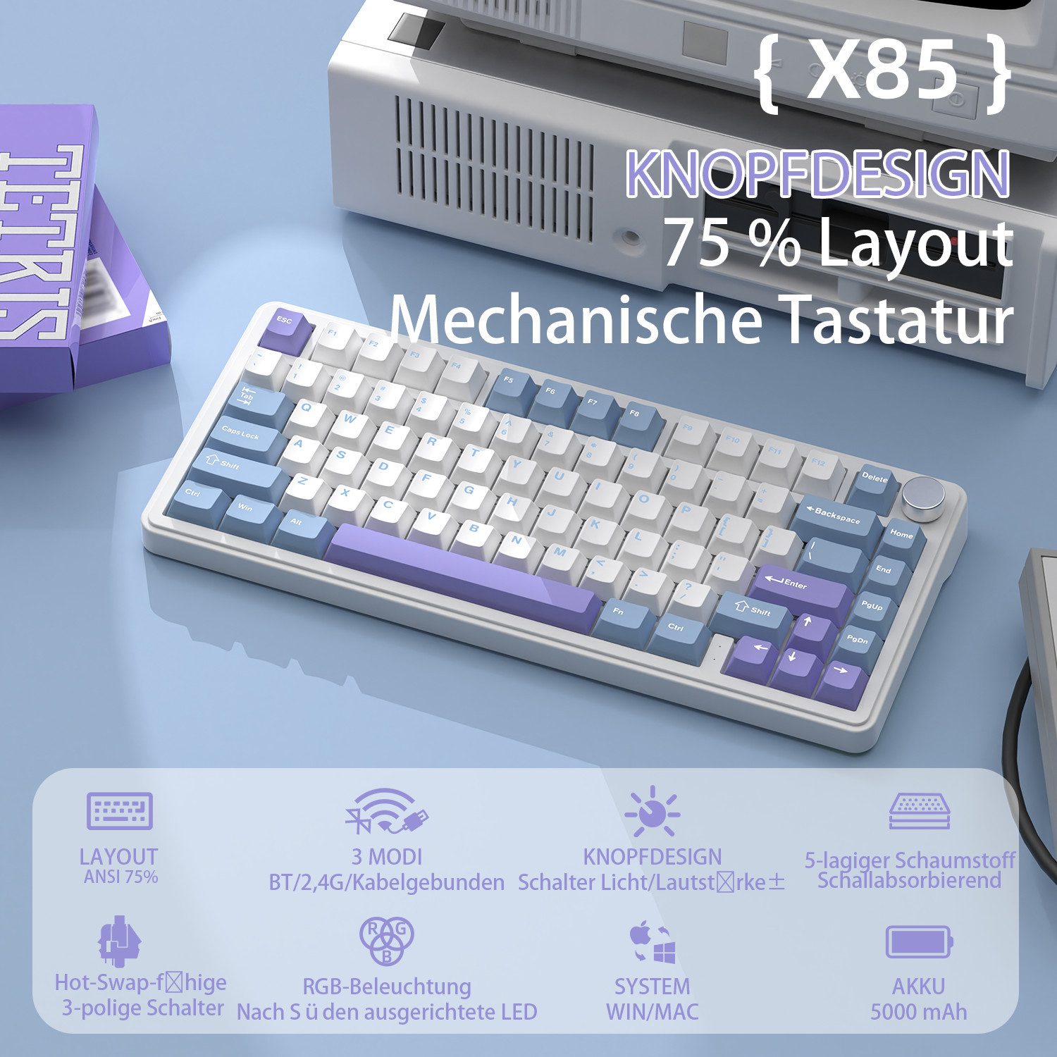 ATTACK SHARK ATTACK SHARK X85 Tri-Mode Gasket Mechanische Tastatur mit Knopf Gaming-Tastatur