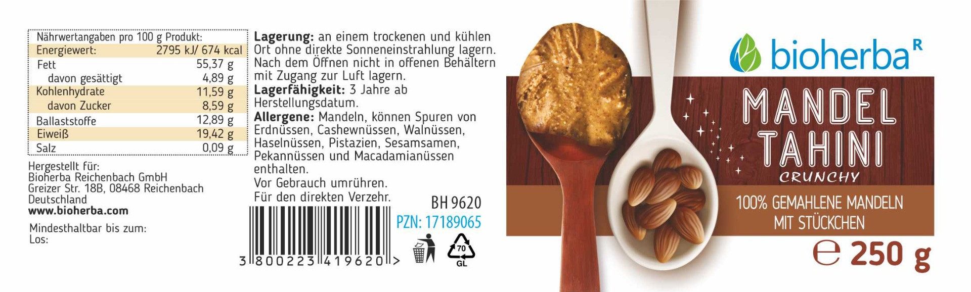 BIOHERBA R Mandel Tahini Crunchy 100% gemahlene Mandeln 250 g Glas