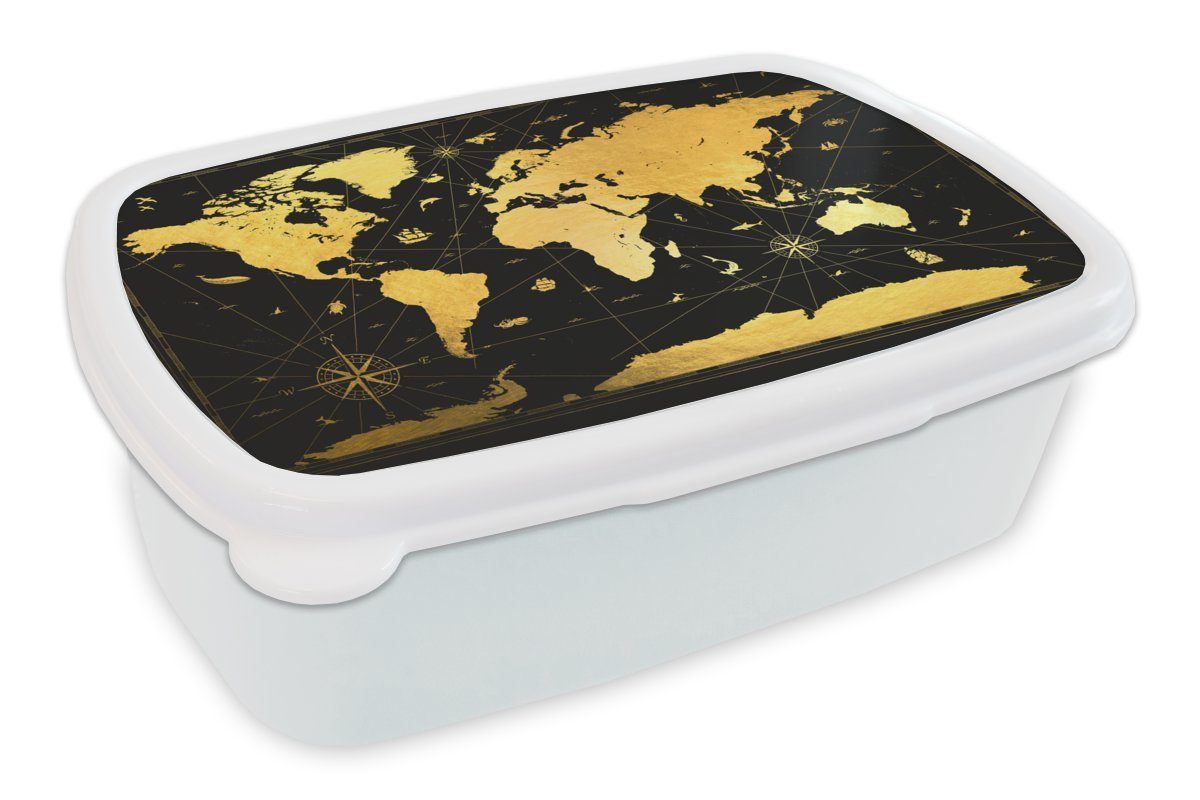 MuchoWow Lunchbox Weltkarte - Gold - Schwarz - Luxus, Kunststoff, (2-tlg), Brotbox für Kinder und Erwachsene, Brotdose, für Jungs und Mädchen weiß