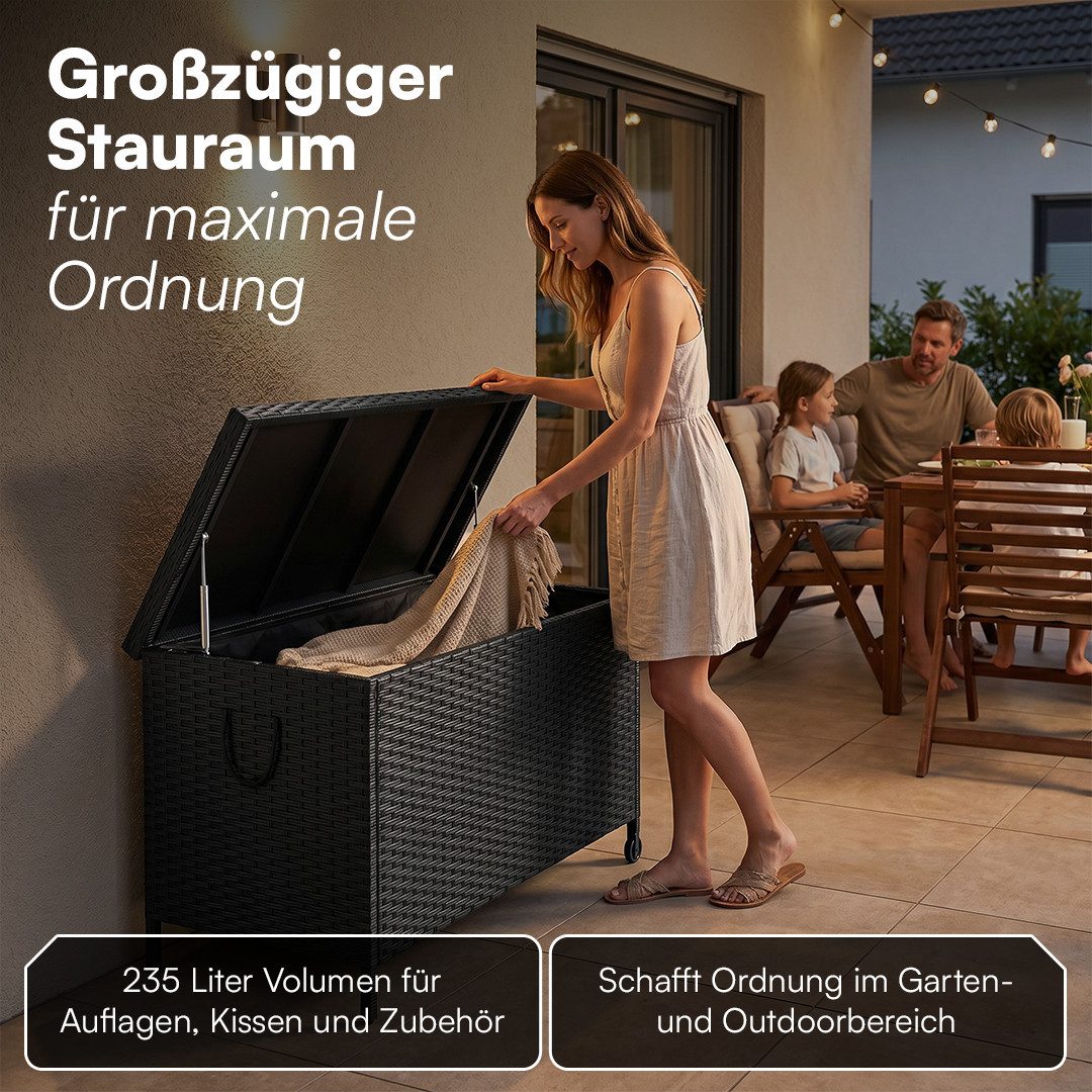 STEELSØN Aufbewahrungsbox Serion Gartenkiste aus Polyrattan (schwarz, 110 x 55 x 60 cm, mit Rollen), herausnehmbare Innenplane, wetterfeste Gartenbox mit Metallgestell