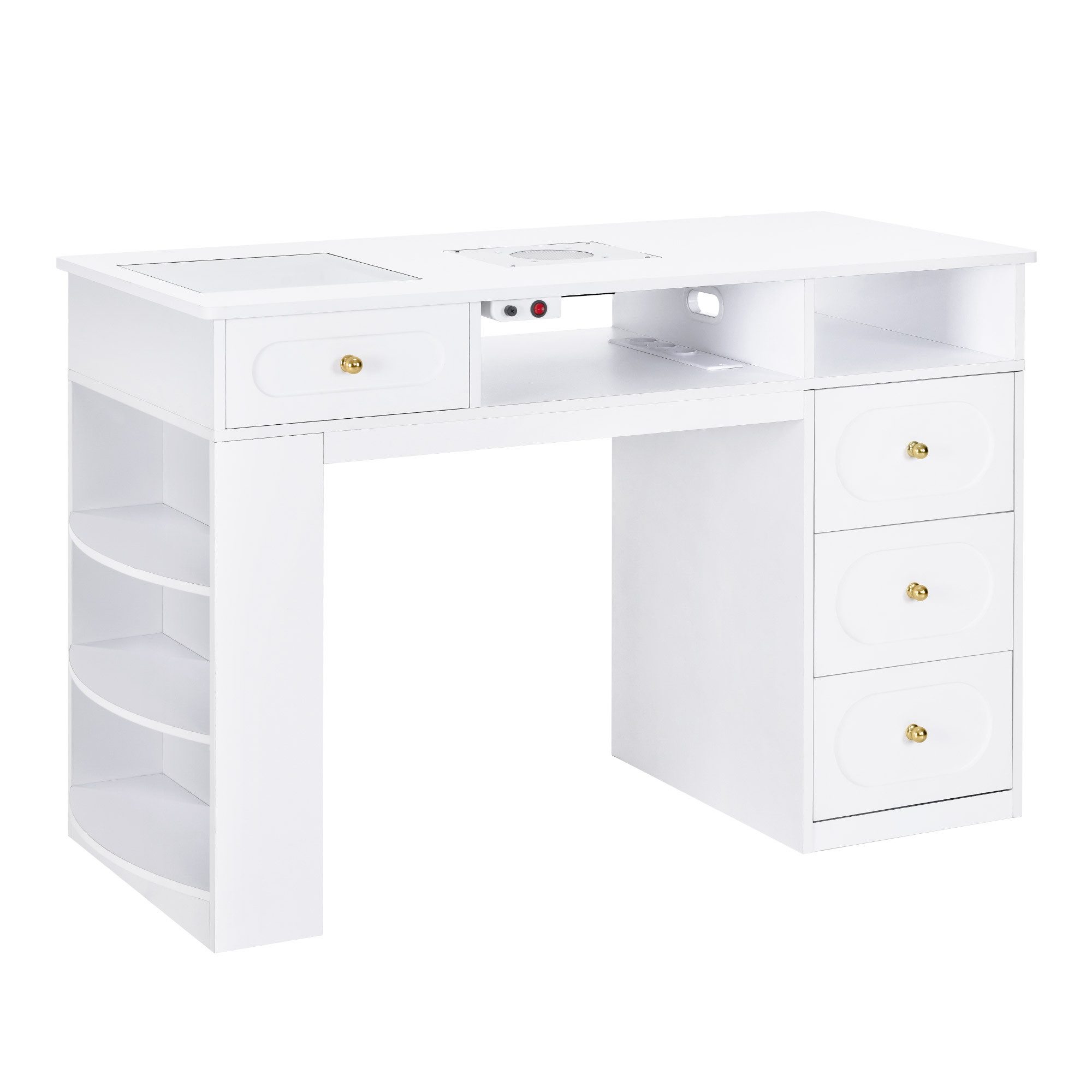 Barberpub Schreibtisch BarberPub Maniküretisch, Nageltisch mit Absaugung Weiß, 2442, mit 4 Schubladen, Regal, 2 Ablagen & Glasplatte, Holz