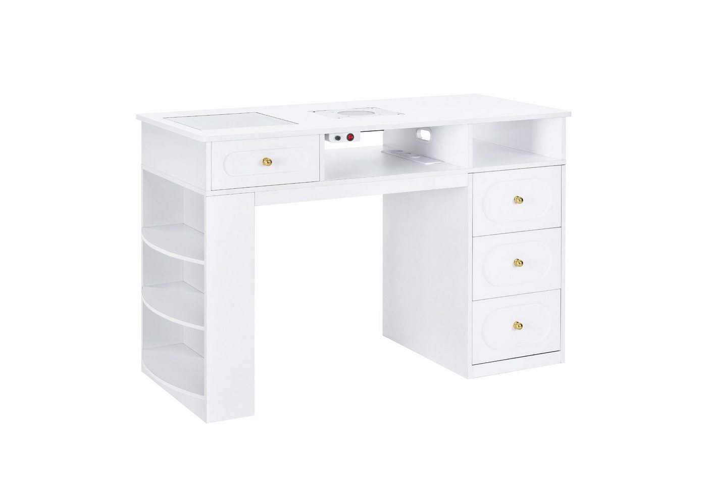 Barberpub Schreibtisch BarberPub Maniküretisch, Nageltisch mit Absaugung Weiß, 2442, mit 4 Schubladen, Regal, 2 Ablagen & Glasplatte, Holz