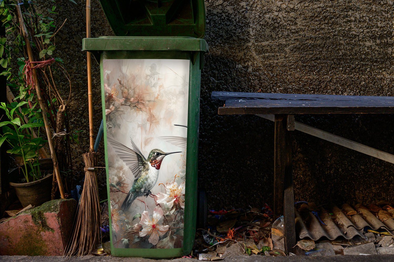 Mülleimer-aufkleber, (1 Abfalbehälter Blumen - - Kolibri MuchoWow Vögel Pflanzen Mülltonne, Wandsticker St), Container, Sticker, -