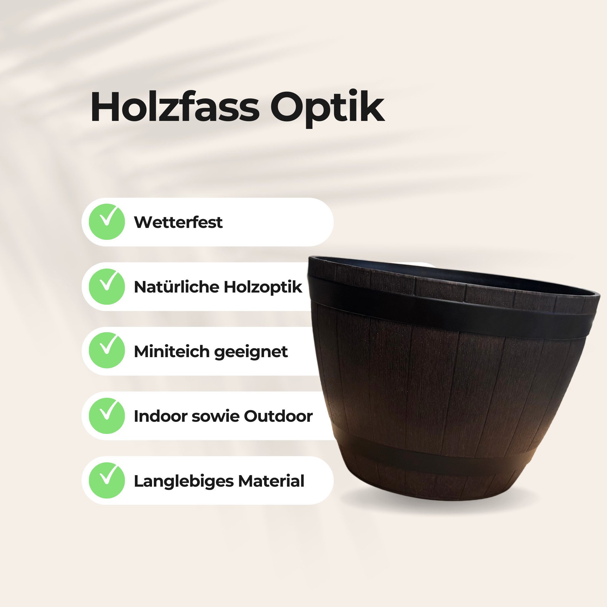 matches21 HOME & HOBBY Blumentopf Große Holzfass-Optik Pflanzschale grau für draußen 51 x 36 cm (1 St), Wetterfester Holzoptik Pflanzkübel als Blumenschale Brunnenschale