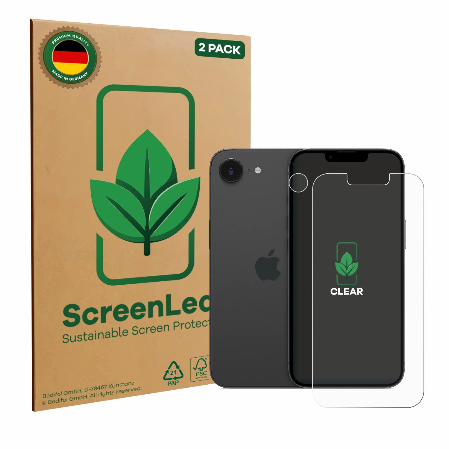 ScreenLeaf Displayschutzfolie Schutzfolie für Apple iPhone 16e (Display+Kamera), 2 Stück, nachhaltiger Displayschutz Schutz Folie Klar Transparent