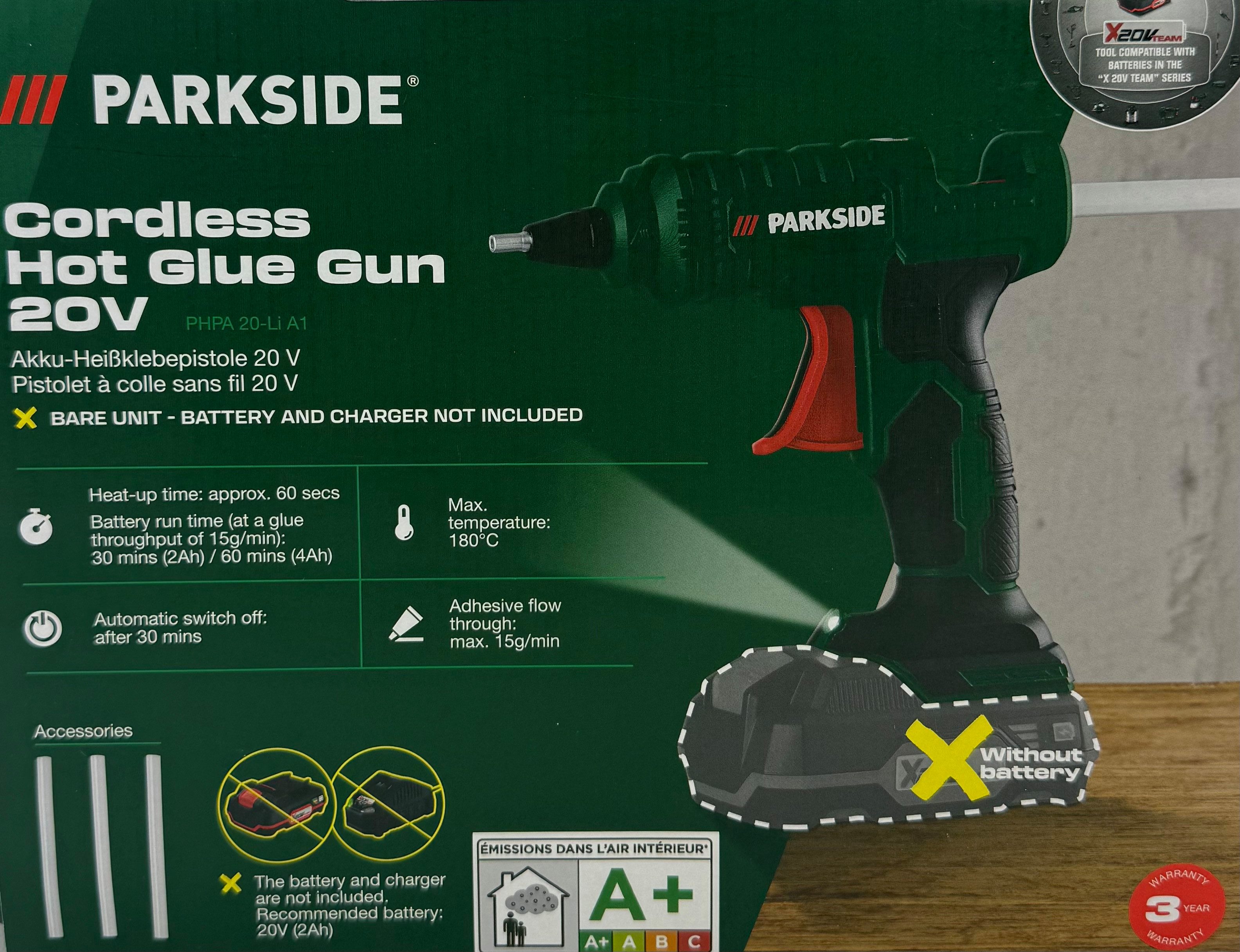 Parkside Heißklebepistole 20 V Akku Klebepistole PHPA 20-Li A1, ohne Akku und Ladegerät