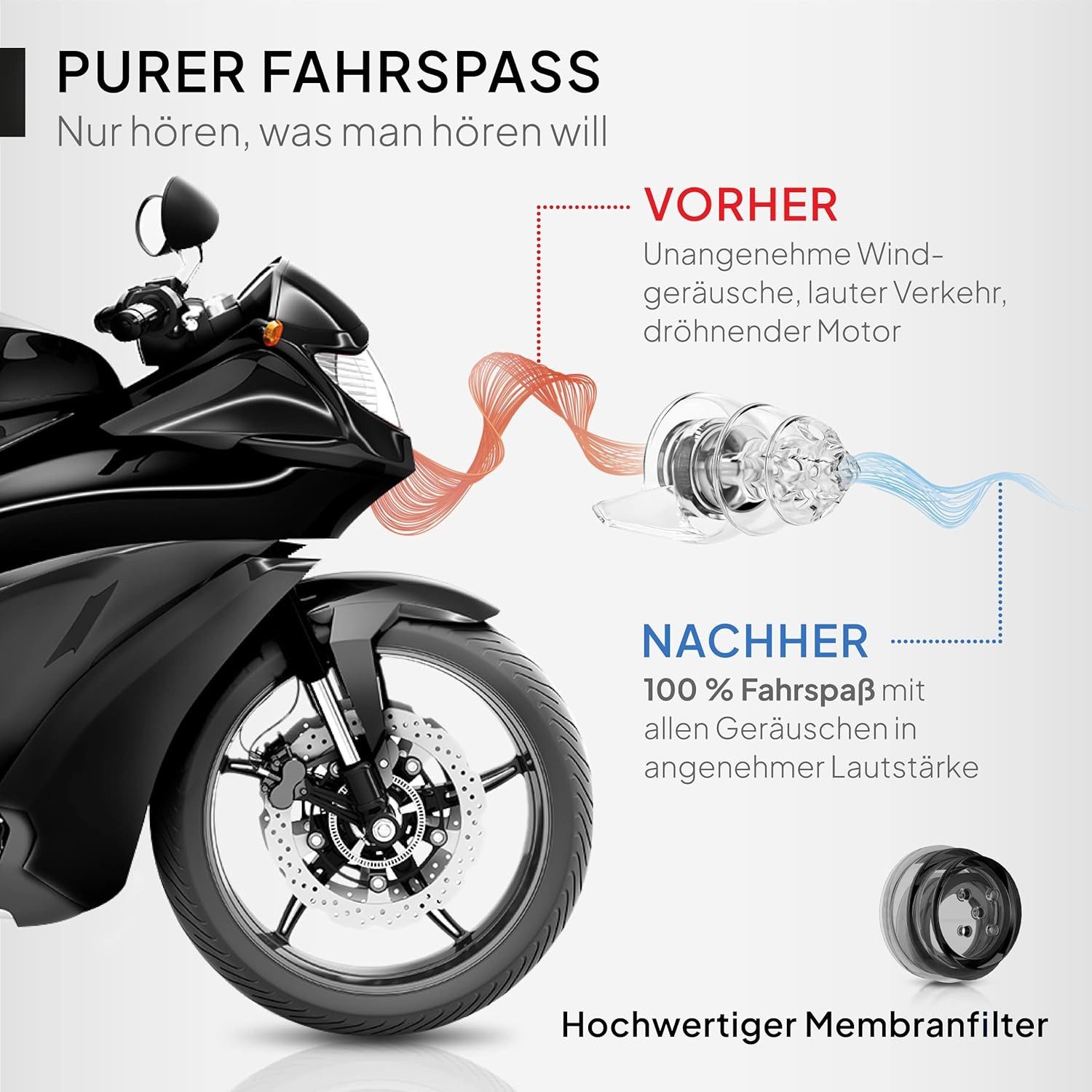 Senner Gehörschutzstöpsel MotoPro Gehörschutz - Ear Plugs Motorrad / Motorsport leicht zu tragen, Ohrstöpsel - vermindert Windgeräusche, Verkehr bleibt hörbar