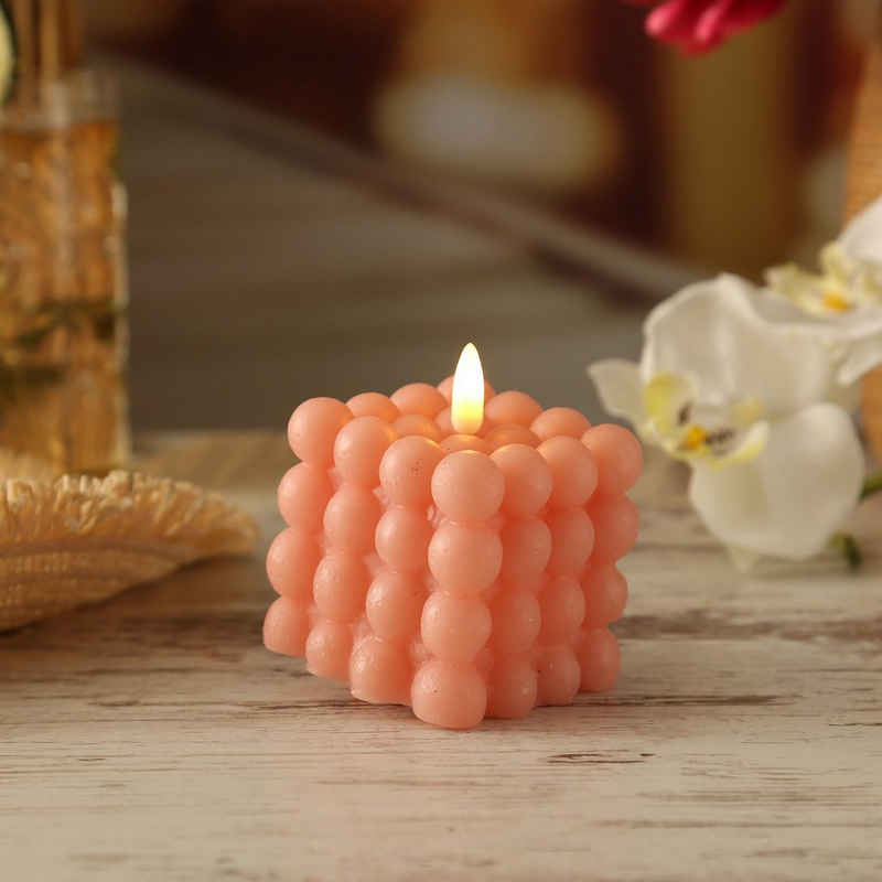 MARELIDA LED-Kerze Bubble Würfel Cube Kerze Echtwachs 3D Flamme H: 9,5cm Timer rosa (1-tlg)