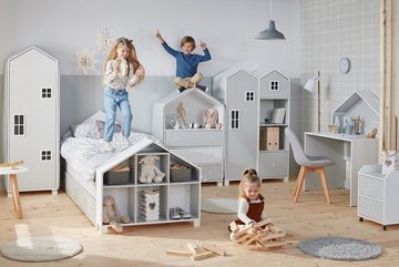 Konsimo Kinderkleiderschrank MIRUM Hausform Schrank Drehtürenschrank Stauraumschrank Spielzeugregal 4 Einlegeböden, Fenster mit Grifffunktion