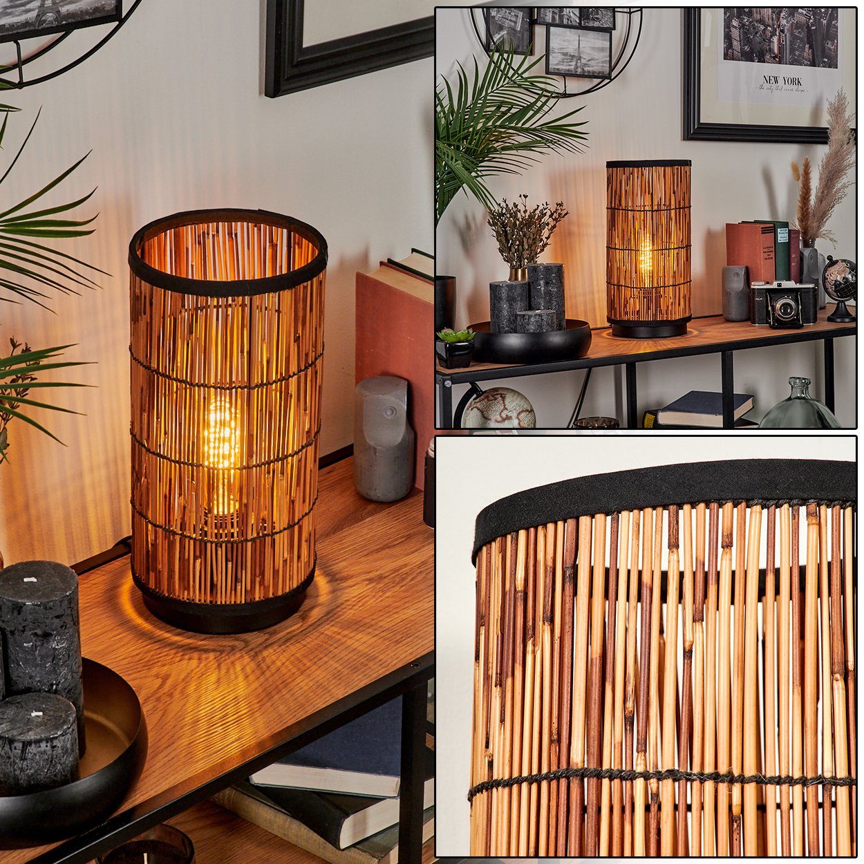 hofstein Tischleuchte moderne Tischlampe aus Metall/Rattan in Schwarz/Natur günstig online kaufen