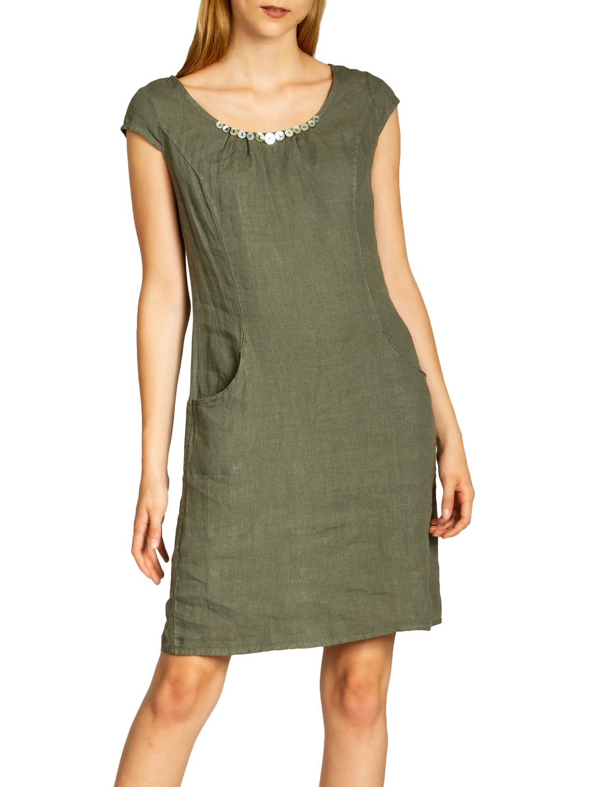 Caspar Sommerkleid SKL018 knielanges Damen Sommer Leinenkleid mit Perlmutt Knöpfe Dekor figurumspielender Schnitt, luftig leicht, angenehm kühlend