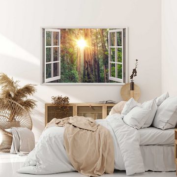 Sinus Art Leinwandbild Wandbild 120x80cm Fensterbild Urwald Wald Sonnenstrahl warmes Licht Bä, (1 St)