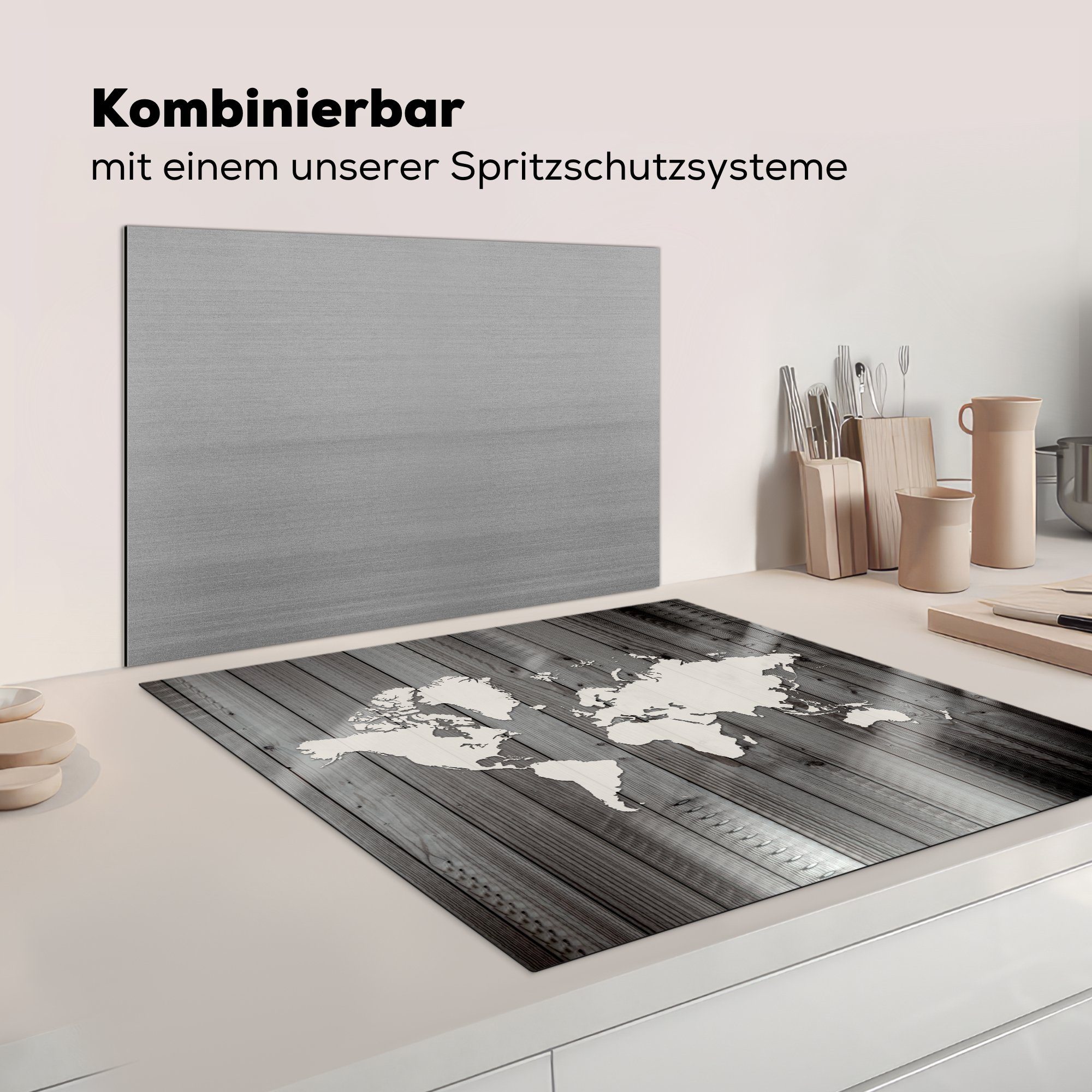 - (1 Ceranfeldabdeckung, - Holz küche tlg), Weltkarte cm, für Herdblende-/Abdeckplatte Schwarz - Arbeitsplatte Vinyl, Weiß, MuchoWow 78x78