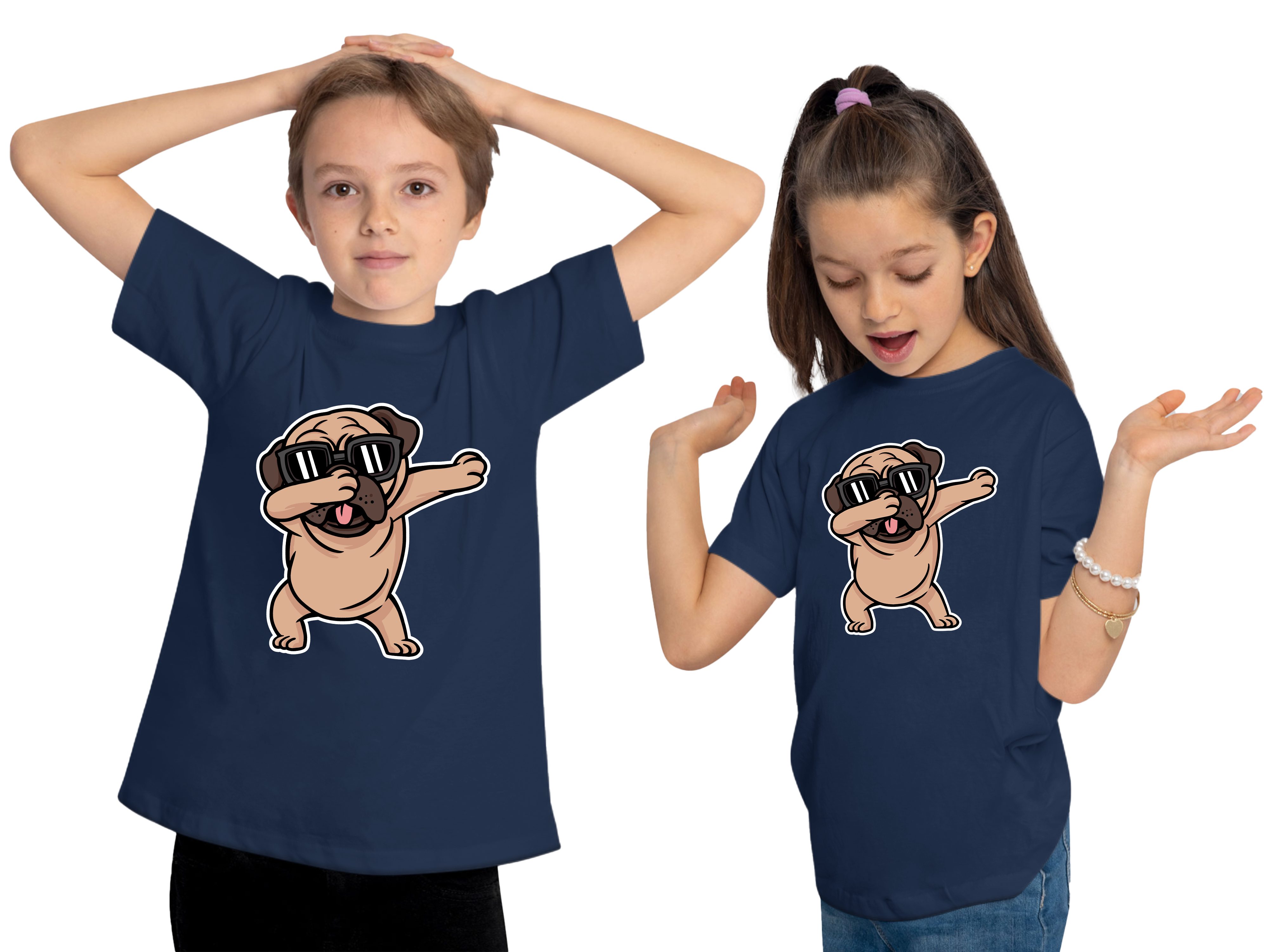 mit T-Shirt Kinder MyDesign24 Print-Shirt tanzender blau - i238 Baumwollshirt Aufdruck, Hund bedruckt Hunde navy dab