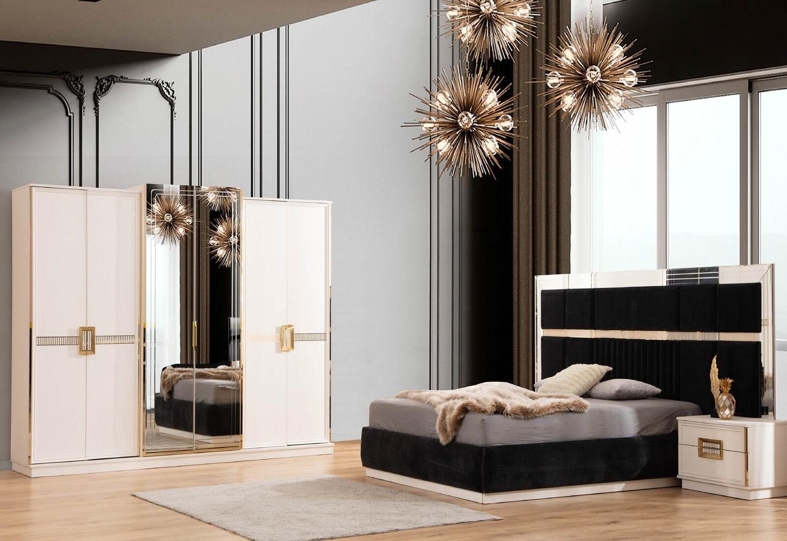 JVmoebel Schlafzimmer-Set Luxus Beiger Schlafzimmer Set Bett 2x Nachttische Kleiderschrank, Made In Europe