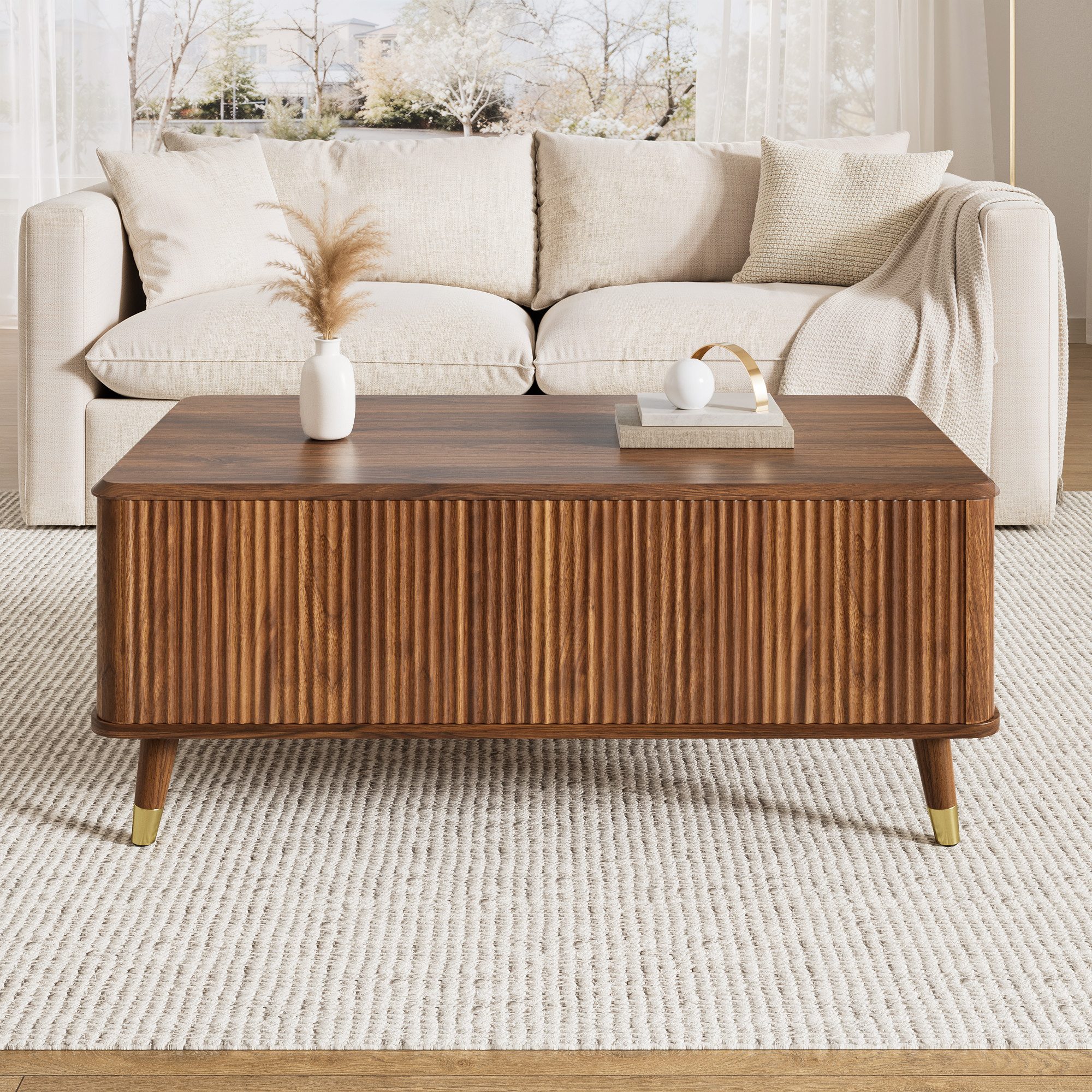 Merax Couchtisch höhenverstellbar Sofatisch Retro Walnuss Beistelltisch (1-St), Wohnzimmertisch mit Stauraum und Holzbeinen, 97x52x56,5 cm
