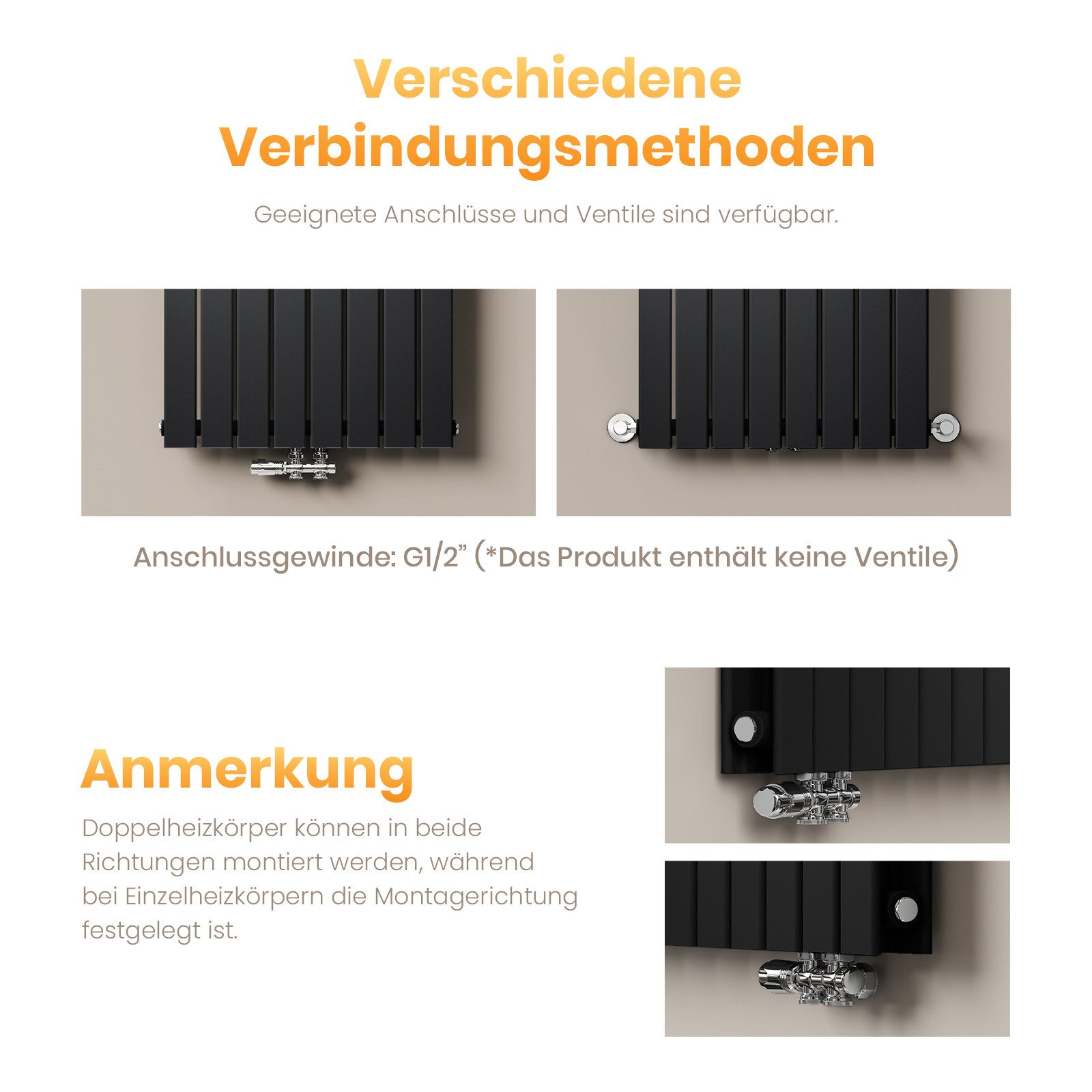 EMKE Heizkörper Schwarz Einlagig/Doppellagig Flach Paneelheizkörper, Breite: 30cm Bad Design Heizkörper Mittelanschluss – Bild 4 von 5