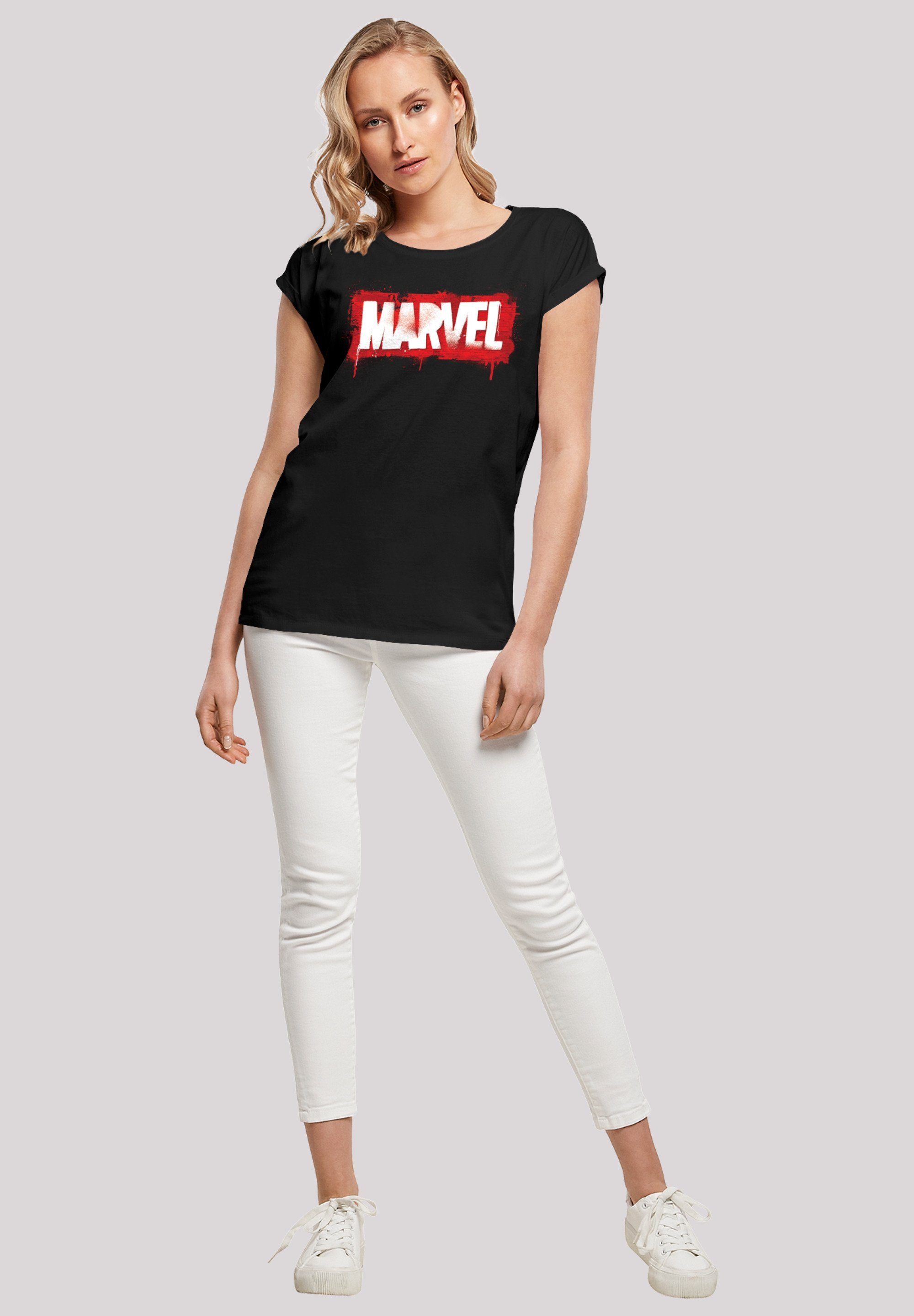 Kurzarmshirt Marvel Logo Damen Spray Ladies Shoulder Tee Extended with (1-tlg) black F4NT4STIC