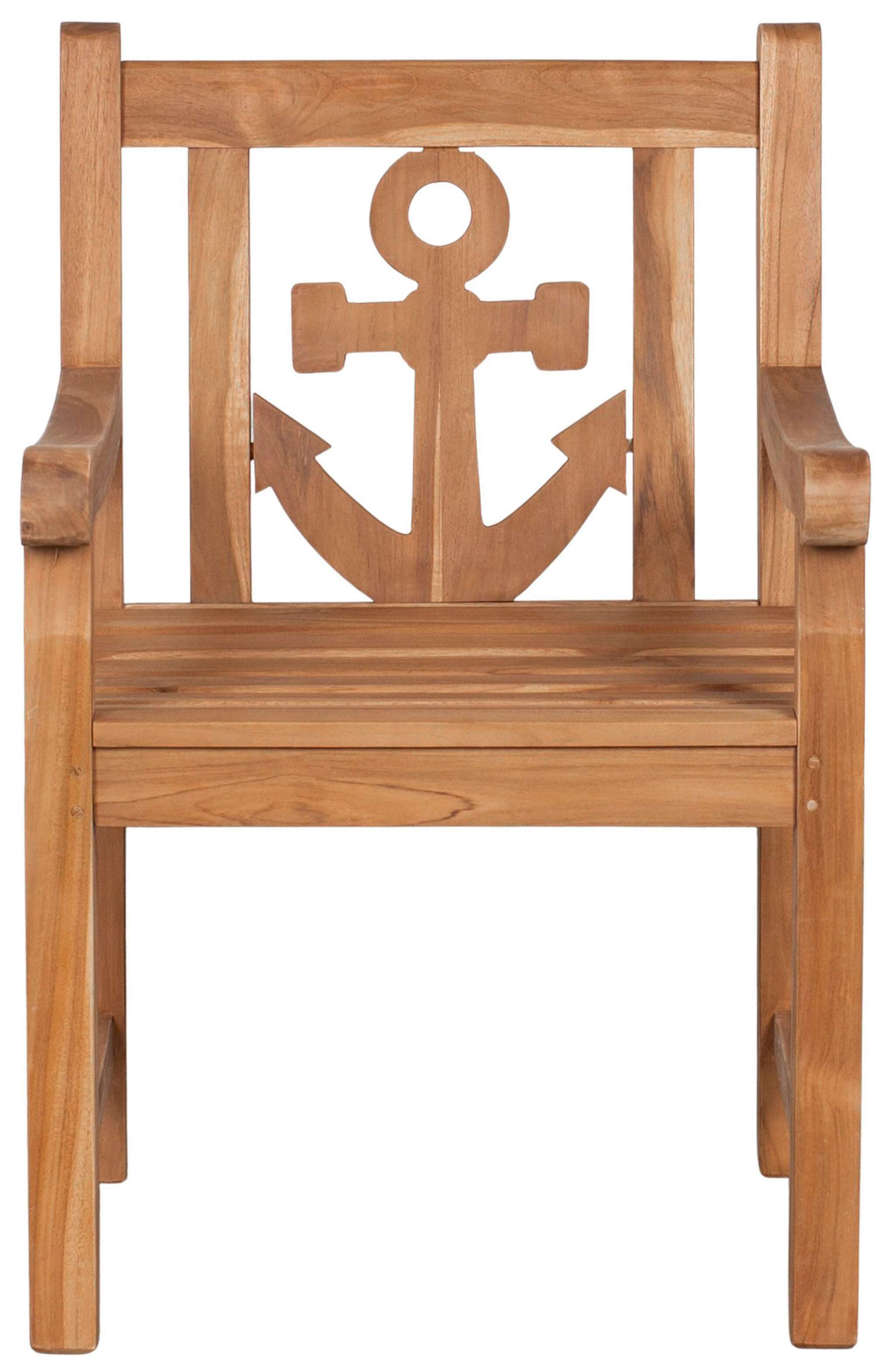 MR.DEKO Gartenstuhl Anker Teak Gartensessel maritim massiv natur, besonderer Balkonstuhl (Garten und Ballkon Stuhl aus Teakholz, 1 St), Anker-Motiv in der Rückenlehne, wetterfest & stabil