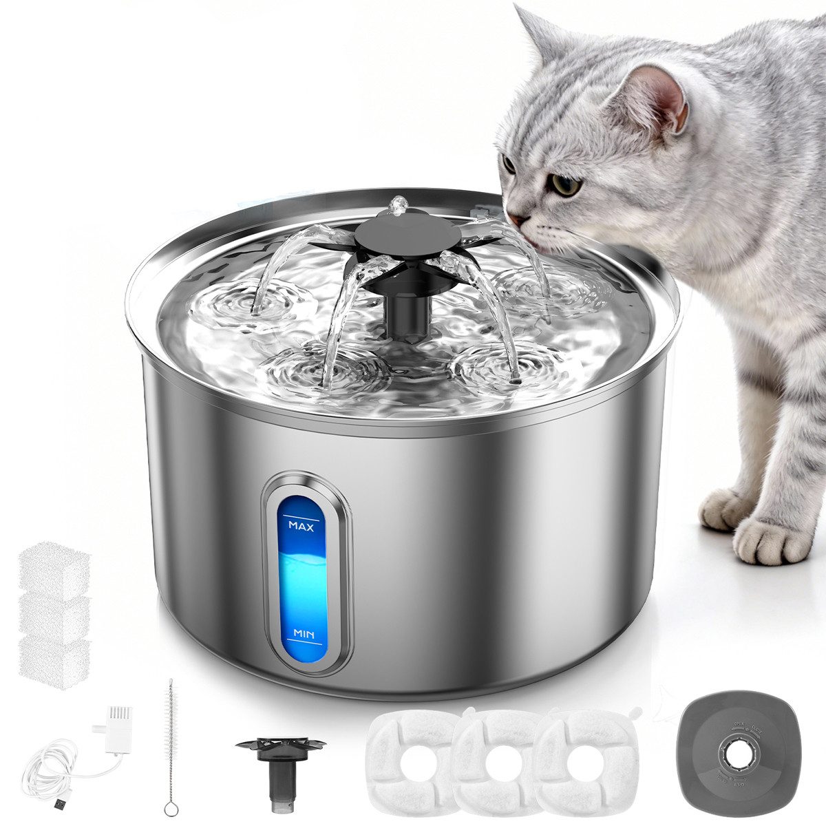 AeroAxis Trinkbrunnen 3,2 L Katzenbrunnen Edelstahl, Wasserspender Für Katze und Hunde 3.2 l, 2 Filter, Einfach Reinigbar, mit Wasserstandsfenster, leise