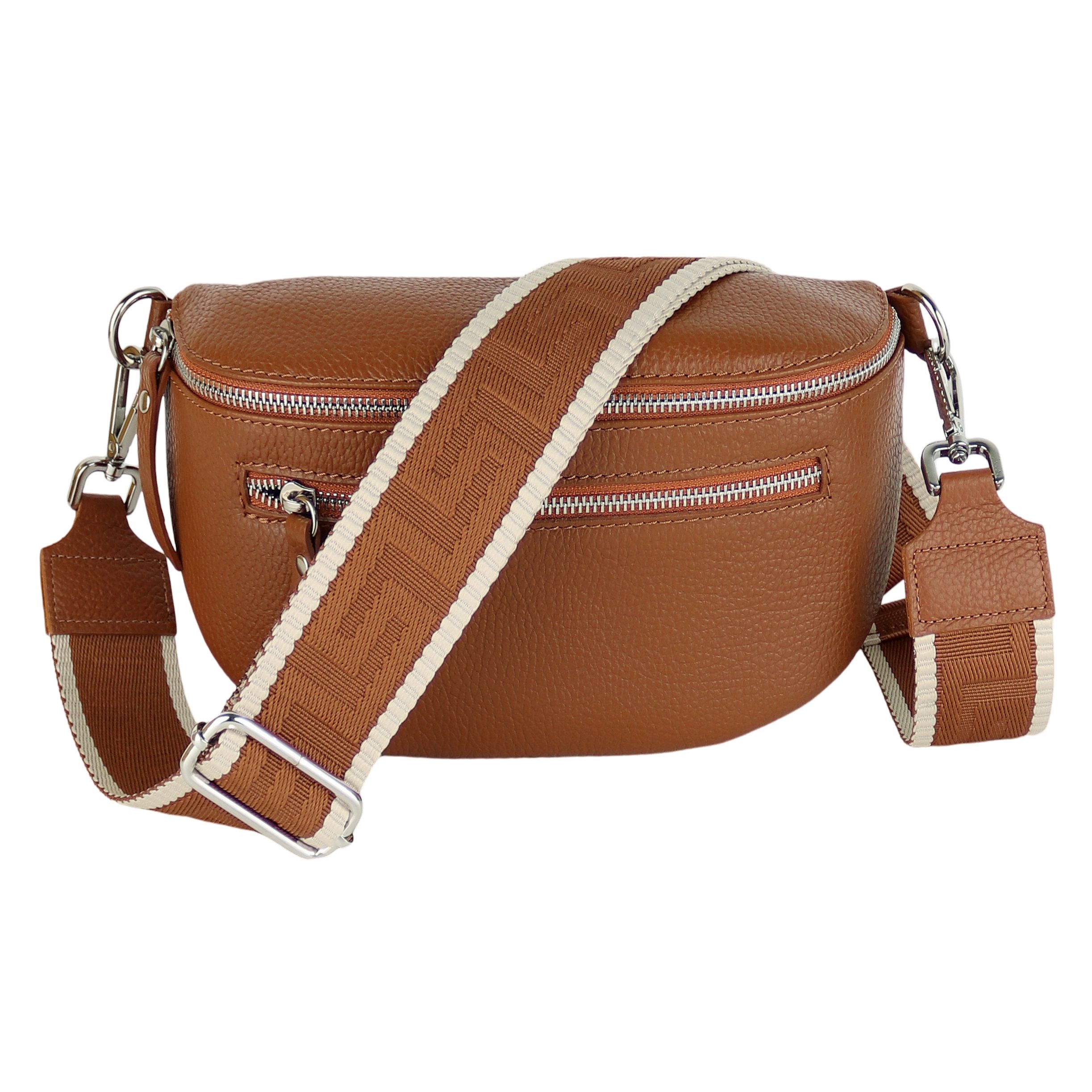 MIRROSI Bauchtasche Damen, Echtleder, Leder, Made in Italy, Umhängetasche, Brusttasche, (Schultertasche für jeden Anlass (1 Tasche & 2 Gurt), Mit zwei Reißverschlüssen, 27x14,5x8cm, BOHO Style), Navy Braun Crossbody Bag, gemusterten& verstellbaren Schulte