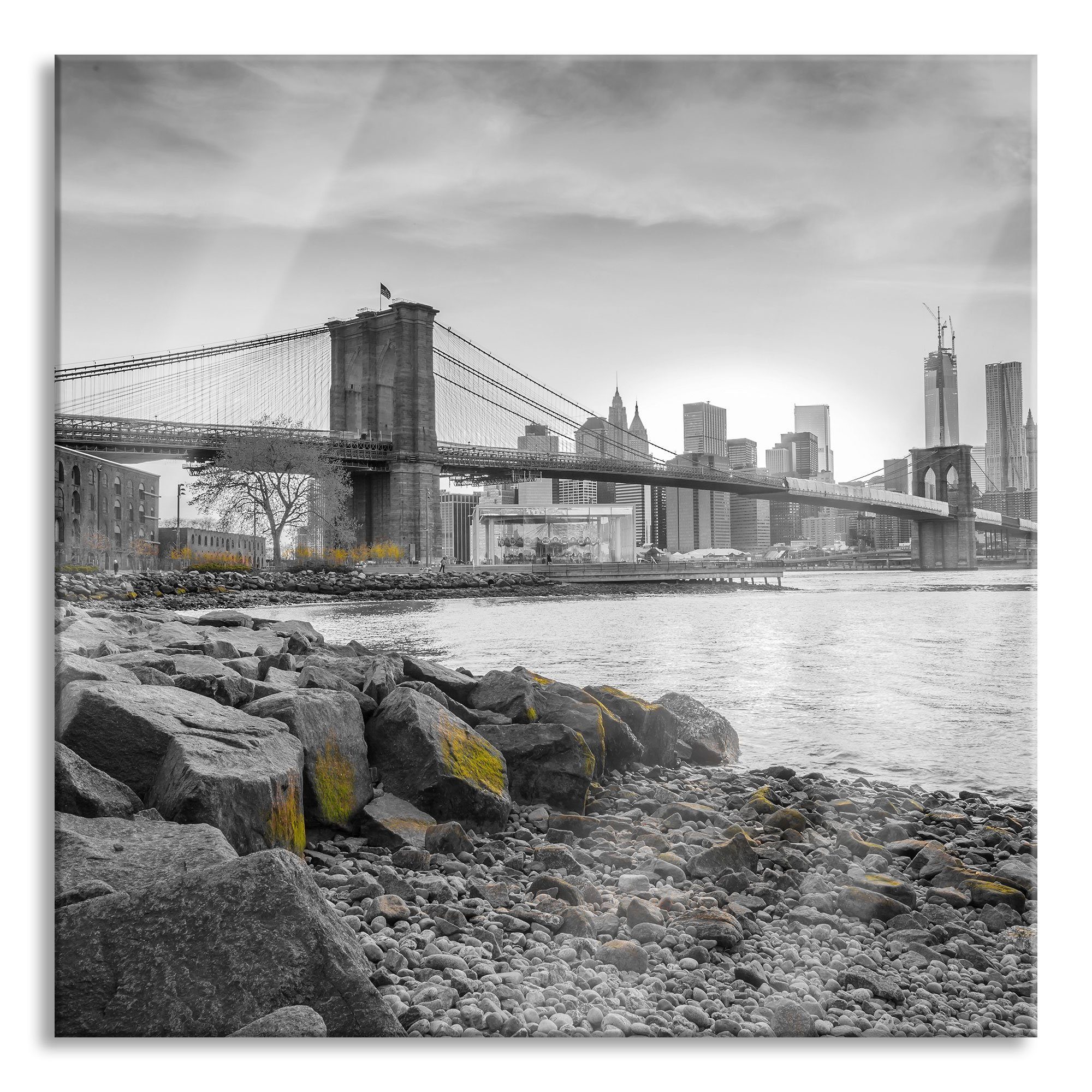 Pixxprint Glasbild schöne Brooklyn Bridge, (1 Aufhängungen Bridge inkl. und Glasbild Echtglas, Abstandshalter schöne St), Brooklyn aus