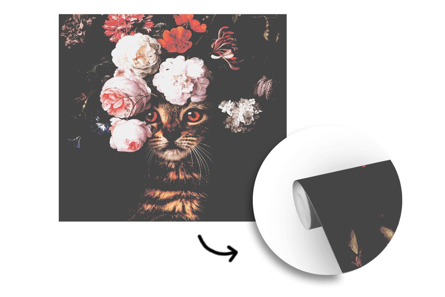 bedruckt, Tapete Wandtapete Matt, Schlafzimmer, Fototapete (5 St), - - Haustier, oder Blumen für Wohnzimmer Vinyl MuchoWow Katze