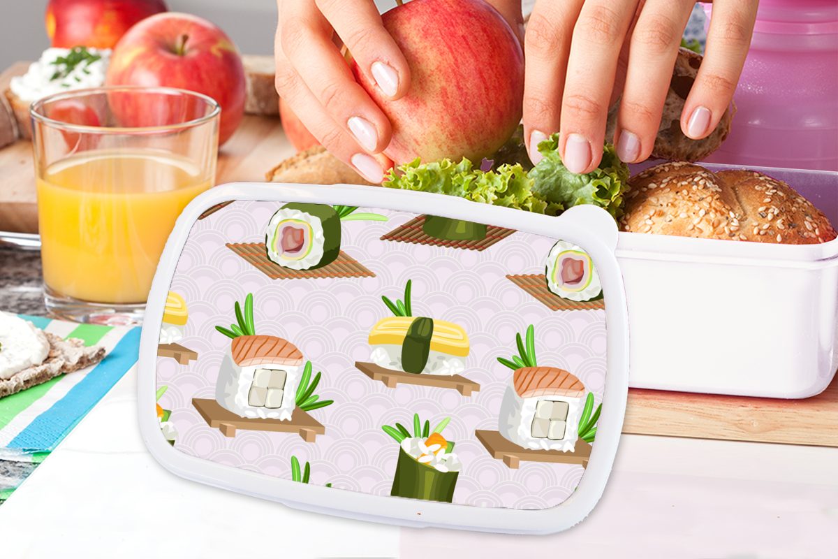 MuchoWow Lunchbox Brotdose, und Sushi - Lebensmittel weiß Kinder für und für - Kunststoff, Brotbox (2-tlg), - Japan, Jungs Mädchen Erwachsene, Muster