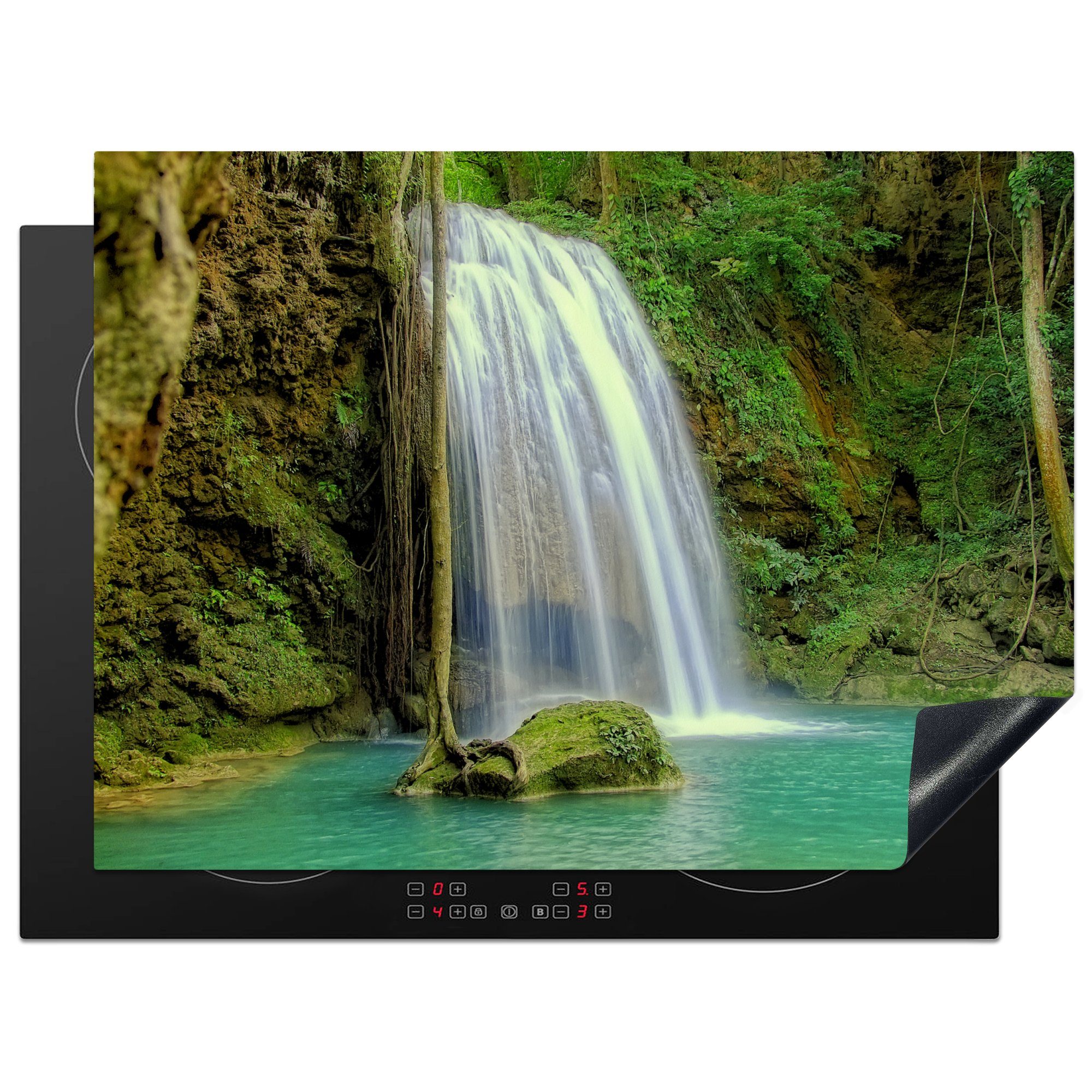 MuchoWow Herdblende-/Abdeckplatte Ein Wasserfall an einem See im Erawan-Nationalpark, Thailand, Vinyl, (1 tlg), 71x52 cm, Induktionskochfeld Schutz für die küche, Ceranfeldabdeckung