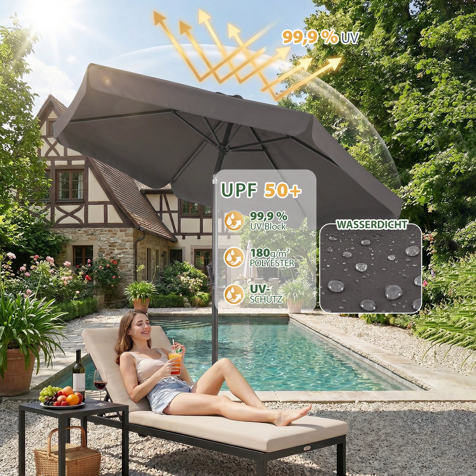 Sekey Sonnenschirm 200 cm Gartenschirm Rund Marktschirm Knickbar mit Kurbel, LxB: 200x200 cm, mit Überhang, Windstabil & neigbar, ideal für Balkon, Garten, UV 50+