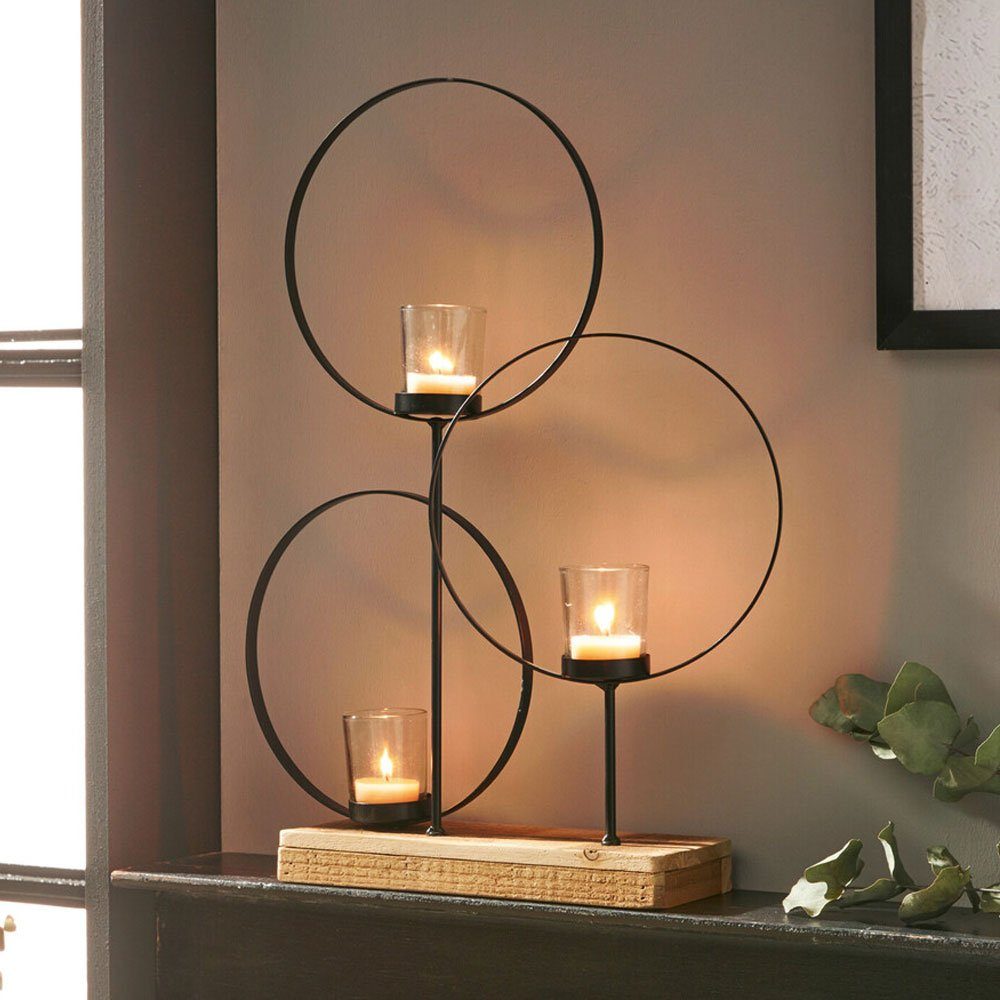 Home-trends24.de Windlicht Windlicht Kreise Kerzenhalter Beleuchtung  Leuchte Teelichthalter Holz