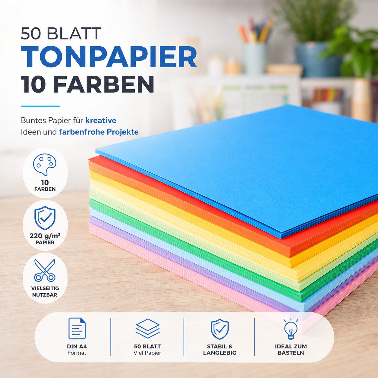 DIYtastic Bastelkartonpapier 50 Blatt bunter Tonkarton DIN A4, 220 g/m², beidseitig farbig – Bild 3 von 5