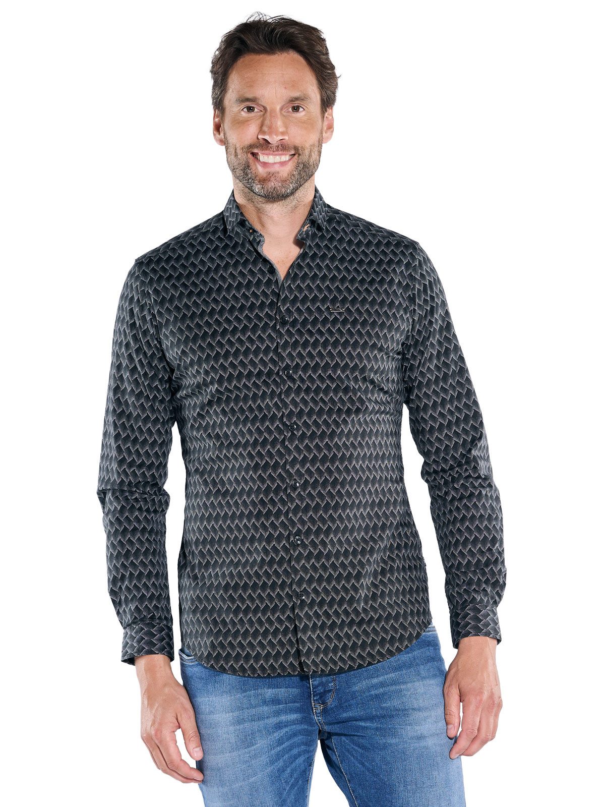 Engbers Langarmhemd Herren Langarm-Hemd gemustert, Schwarz