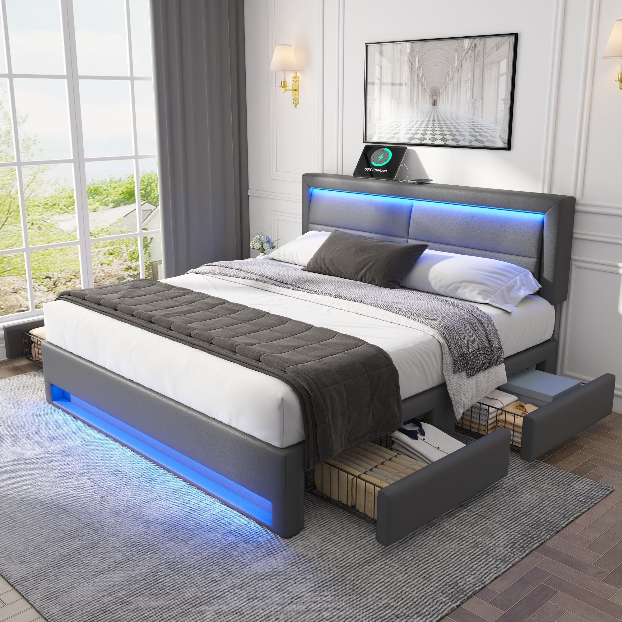 Flieks Polsterbett, LED Doppelbett 140x200cm mit USB-Anschluss und 4 Schubladen