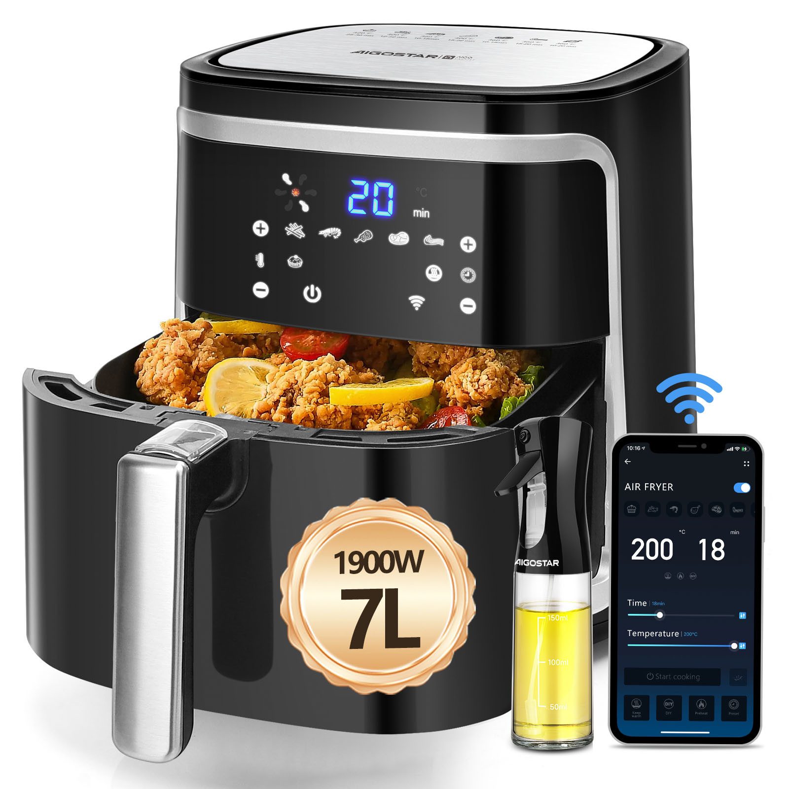 Aigostar Heißluftfritteuse Intelligente WLAN, 7L, LED-Touchscreen, 7 Programme, 20 Rezepte, DIY-Menü, 1900,00 W, 7 Programme, 20 Rezepte pdf, DIY-Menü