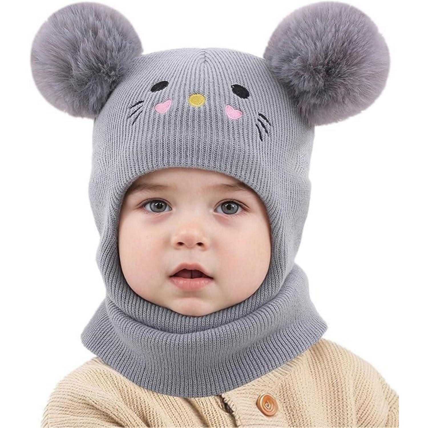 Sturmhaube Wintermütze Baby Kinder Sturmhaube Strickmütze Thermo Katzen Grau