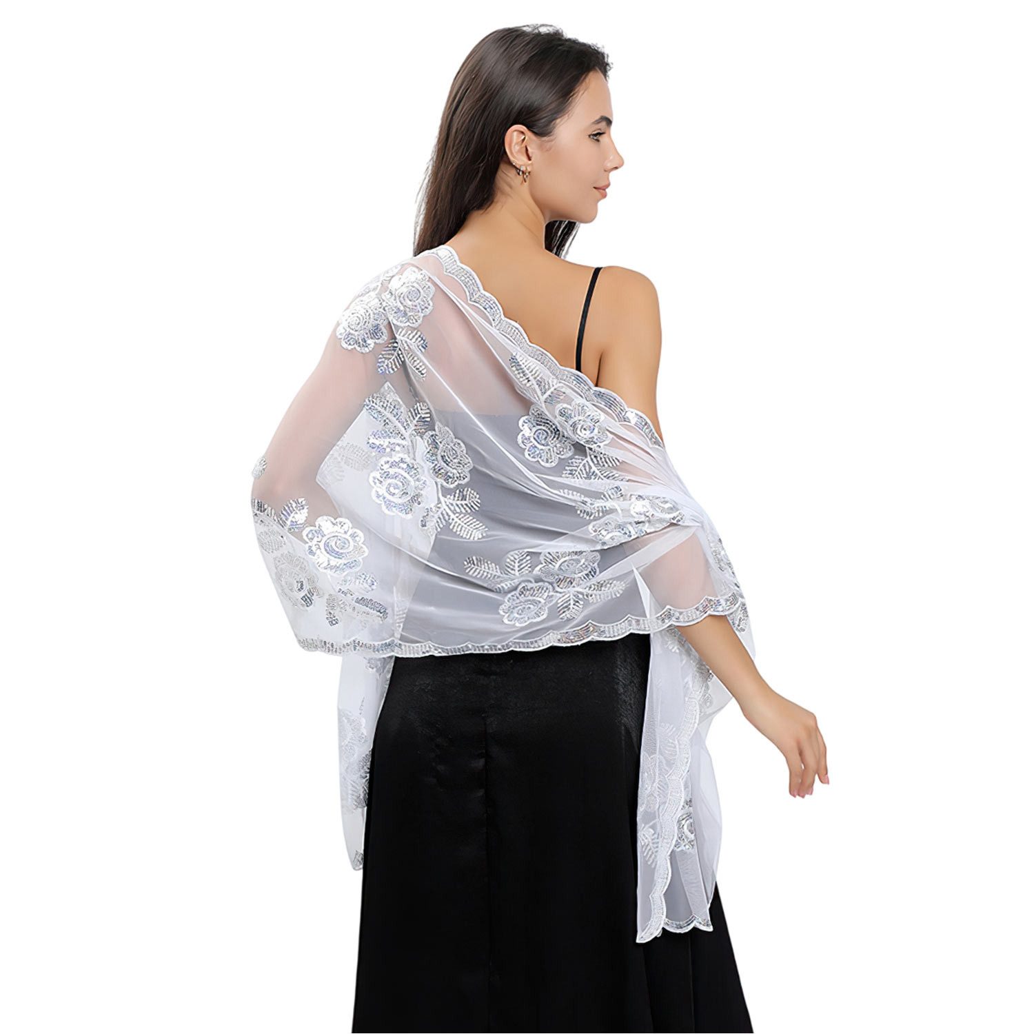 Refttenw Poncho Damen Bestickt Glitzer Schal,Stole,Tuch,Pailletten-Schal,Braut-Schal