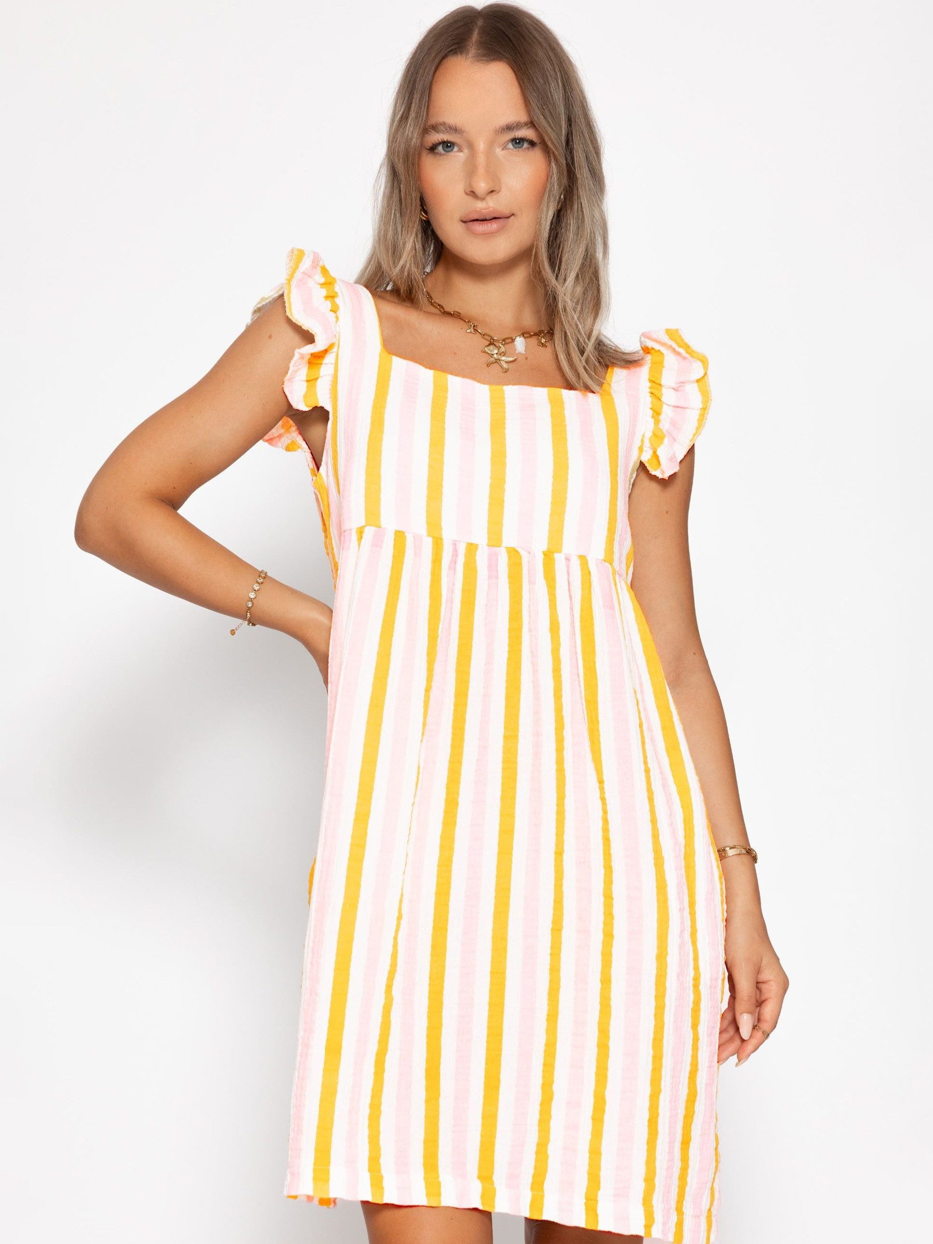 SASSYCLASSY Minikleid Gestreiftes Musselinkleid für Damen Kleid aus Musselin im Streifenmuster mit Rüschenärmel Rosa-Gelb Pink