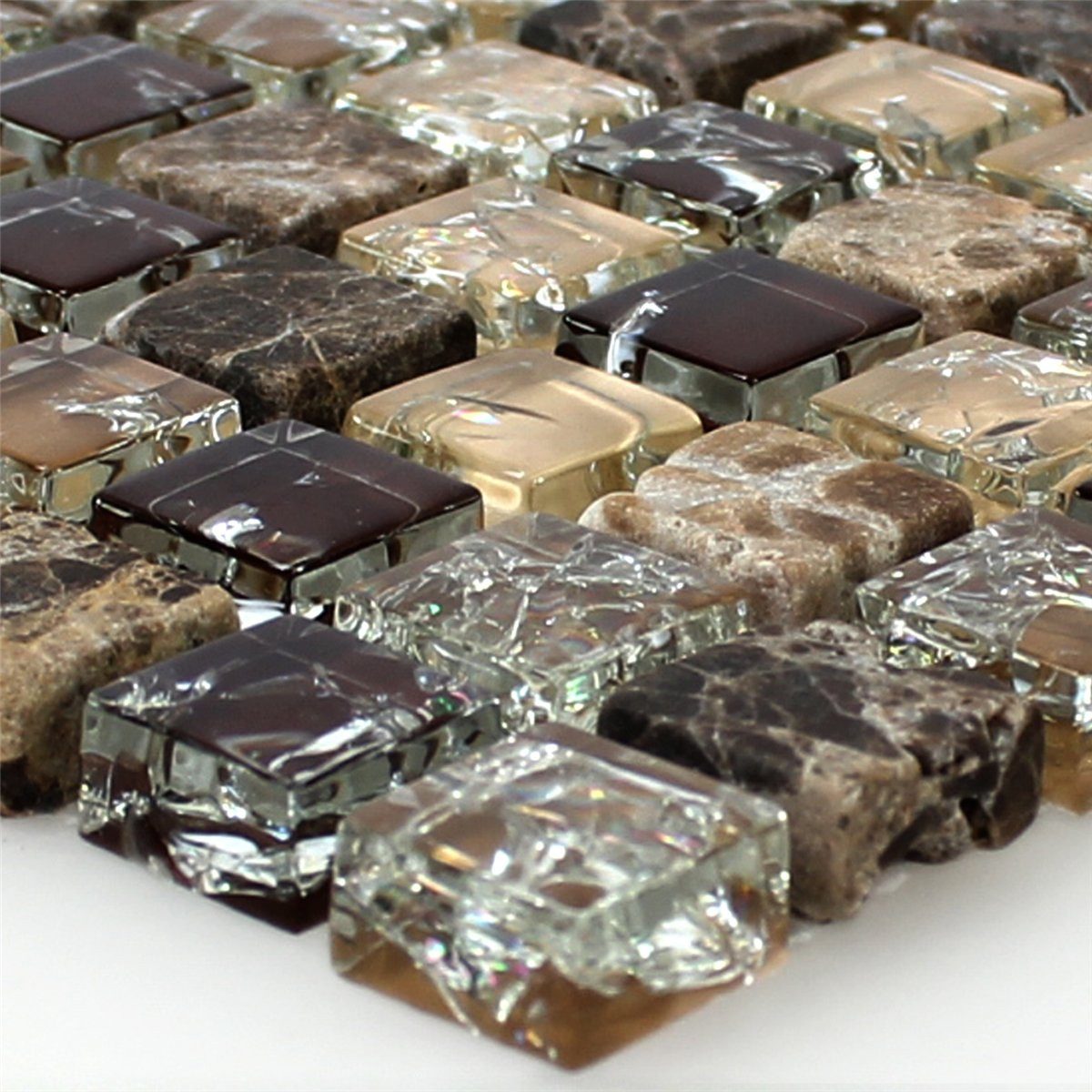 Mosafil Mosaikfliesen Glas Naturstein Mosaikfliesen Malawi Bruchglas Quadrat, Naturstein-Glas-Marmor 30.500x30.500, beige-braun, Verlegefertig auf ein Netz geklebt - Frostsicher - Wasserfest