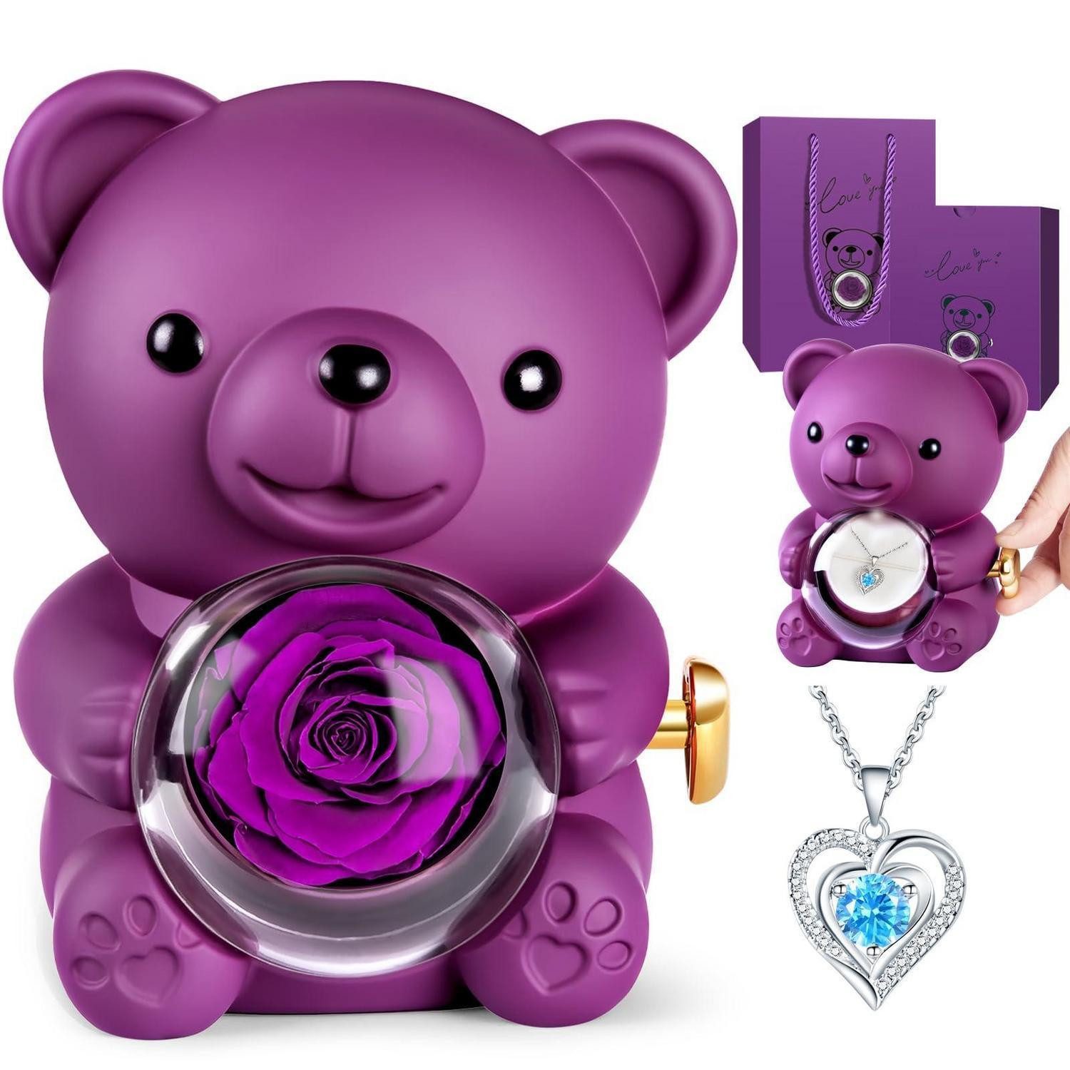 LuxusKollektion Geschenkbox Ewige Rose Teddybär mit Halskette Lila (1 St)